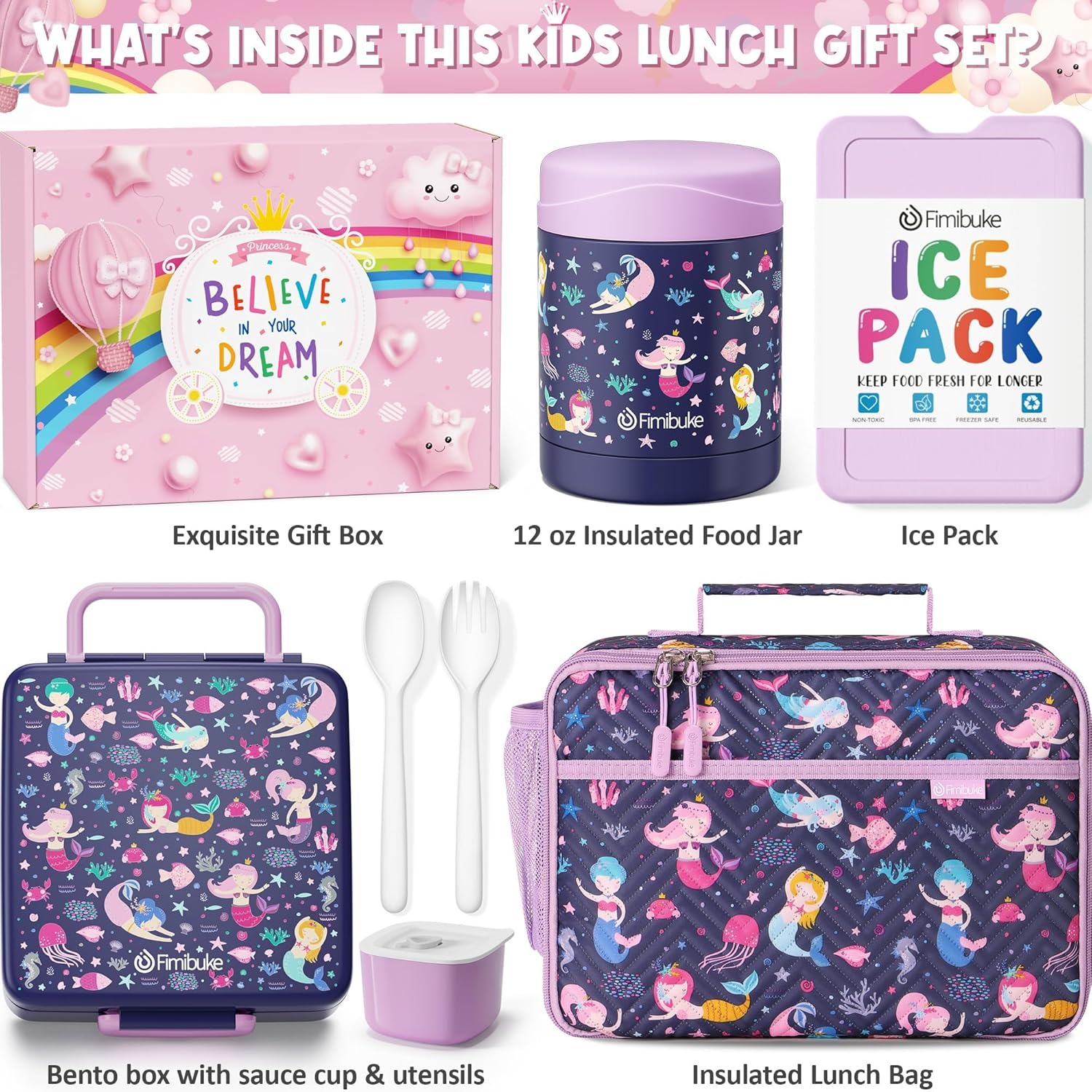 Fimibuke Kids 4-Compartment Bento Lunch Set with 12oz Thermos - Blue Dinosaur