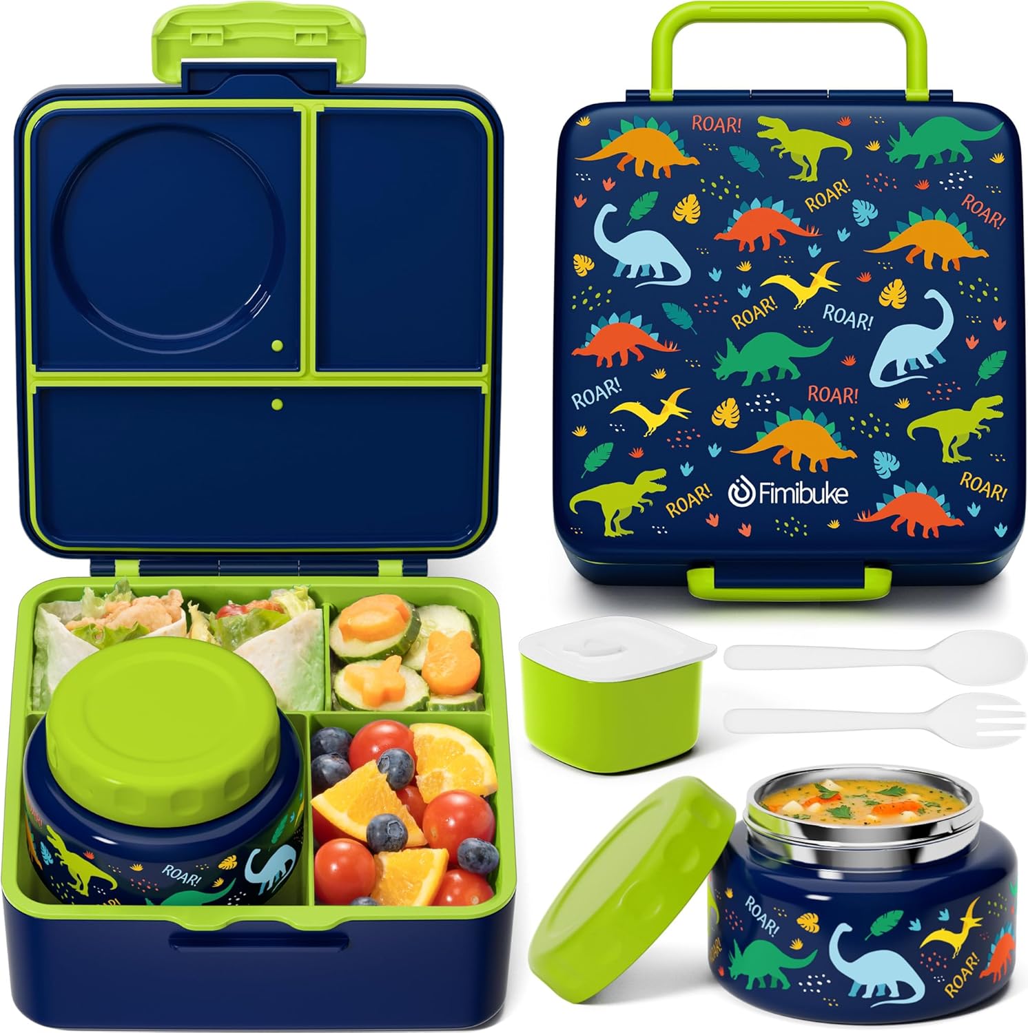 Fimibuke Bento Box for Kids & Adults, Leak-Proof with 8.5oz Insulated Thermos, Utensils & Sauce Jar, 3-4 Compartments