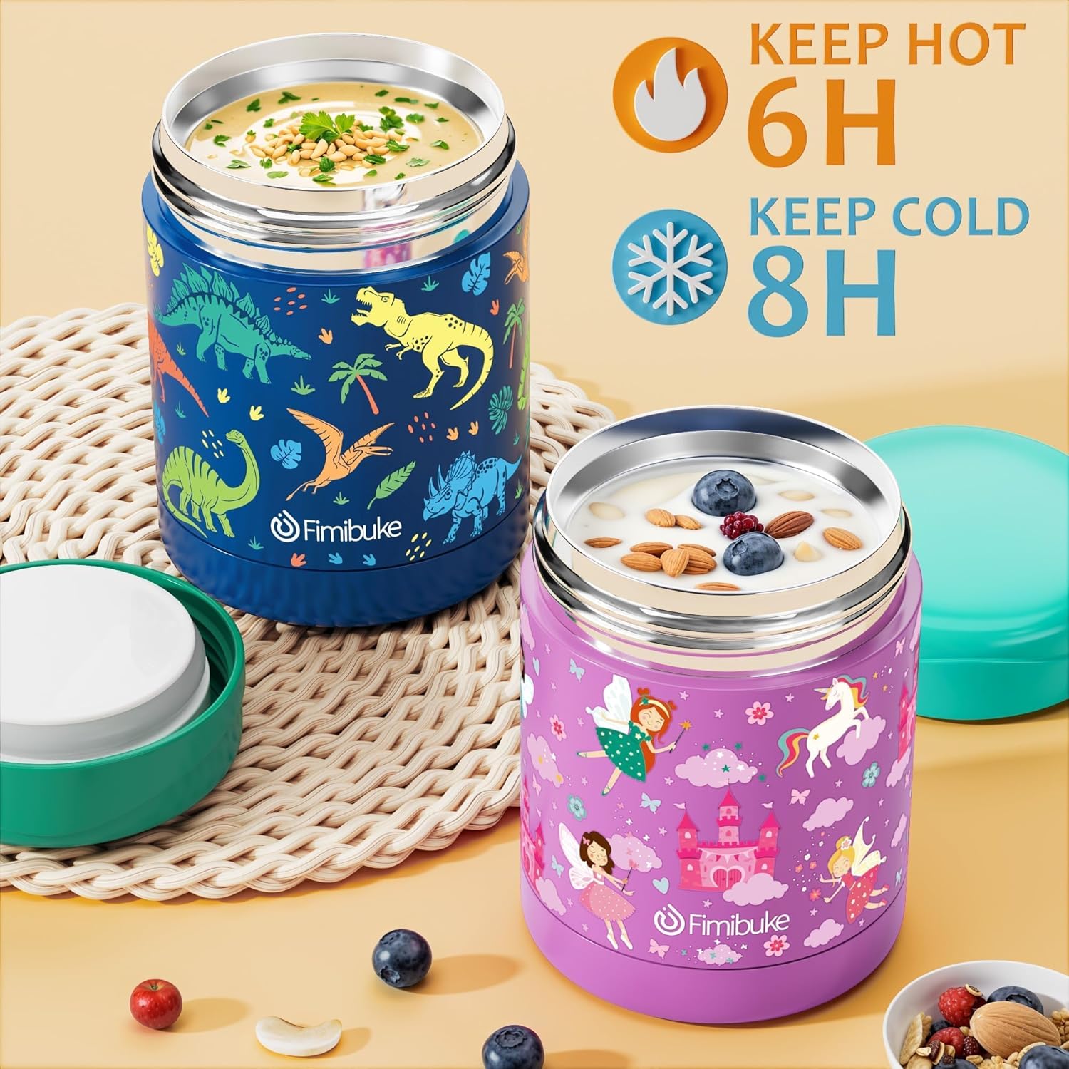Fimibuke Kids Bento Lunch Box with 32oz Container, 12oz Leak-Proof Thermos & Insulated Bag, 3 Compartments