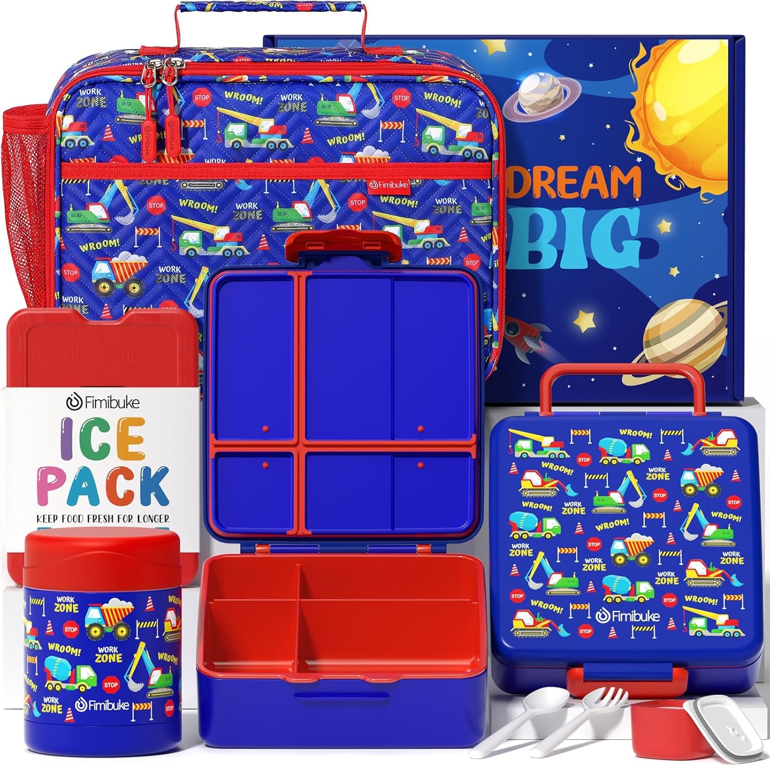 Fimibuke Kids Bento Lunch Box 4-Compartment with Insulated Bag, Vacuum Thermos & Utensils Set