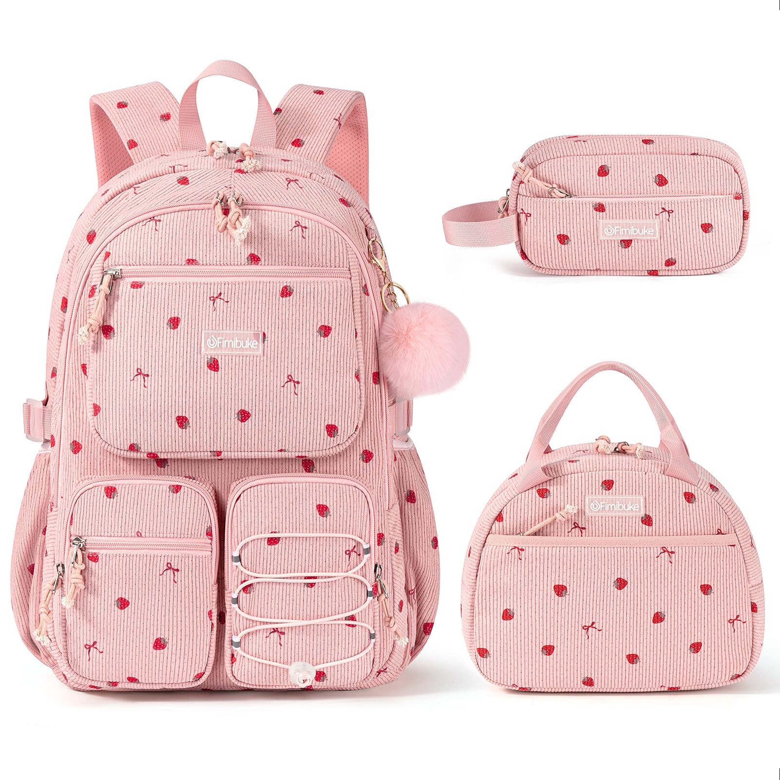 Fimibuke Girls Corduroy 3-Piece Backpack Set with Lunch Bag & Pencil Pouch