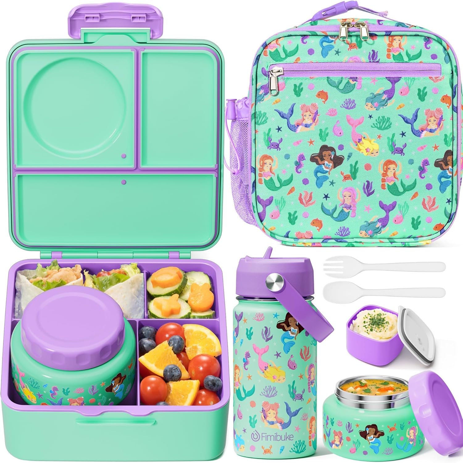 Fimibuke Bento Box Set for Kids & Adults, Leak-Proof 3-4 Compartments with Insulated Thermos, Water Bottle & Lunch Bag