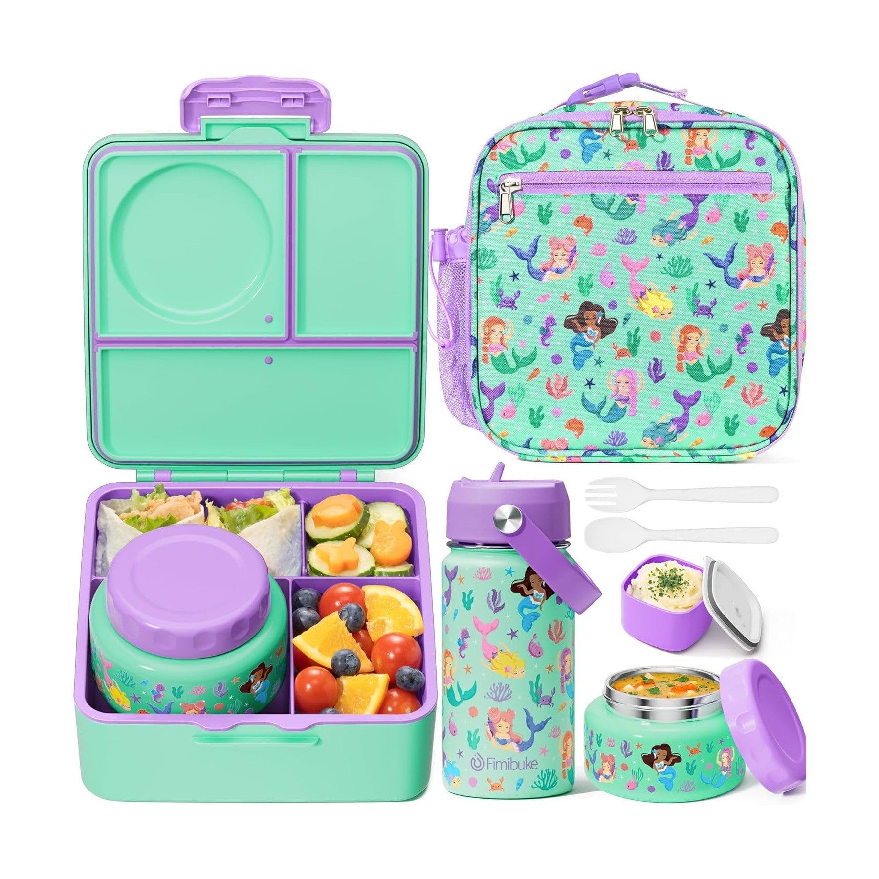 Fimibuke Complete Bento Lunch Set with Thermos, Bottle & Bag - Construction Trucks