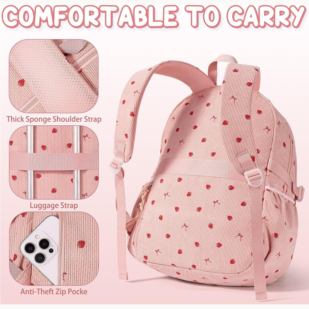 Fimibuke Girls Corduroy 3-Piece Backpack Set with Lunch Bag & Pencil Pouch