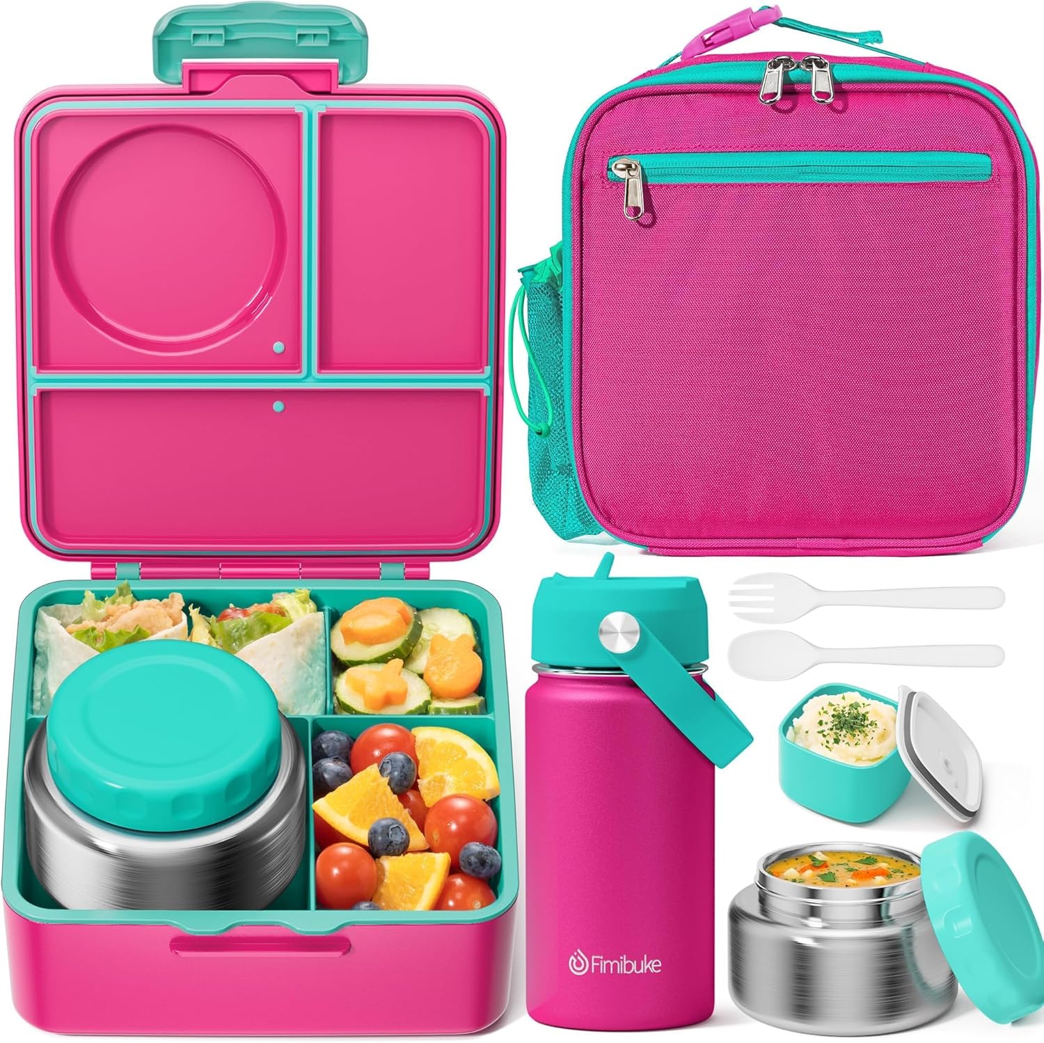 Fimibuke Bento Box Set for Kids & Adults, Leak-Proof 3-4 Compartments with Insulated Thermos, Water Bottle & Lunch Bag