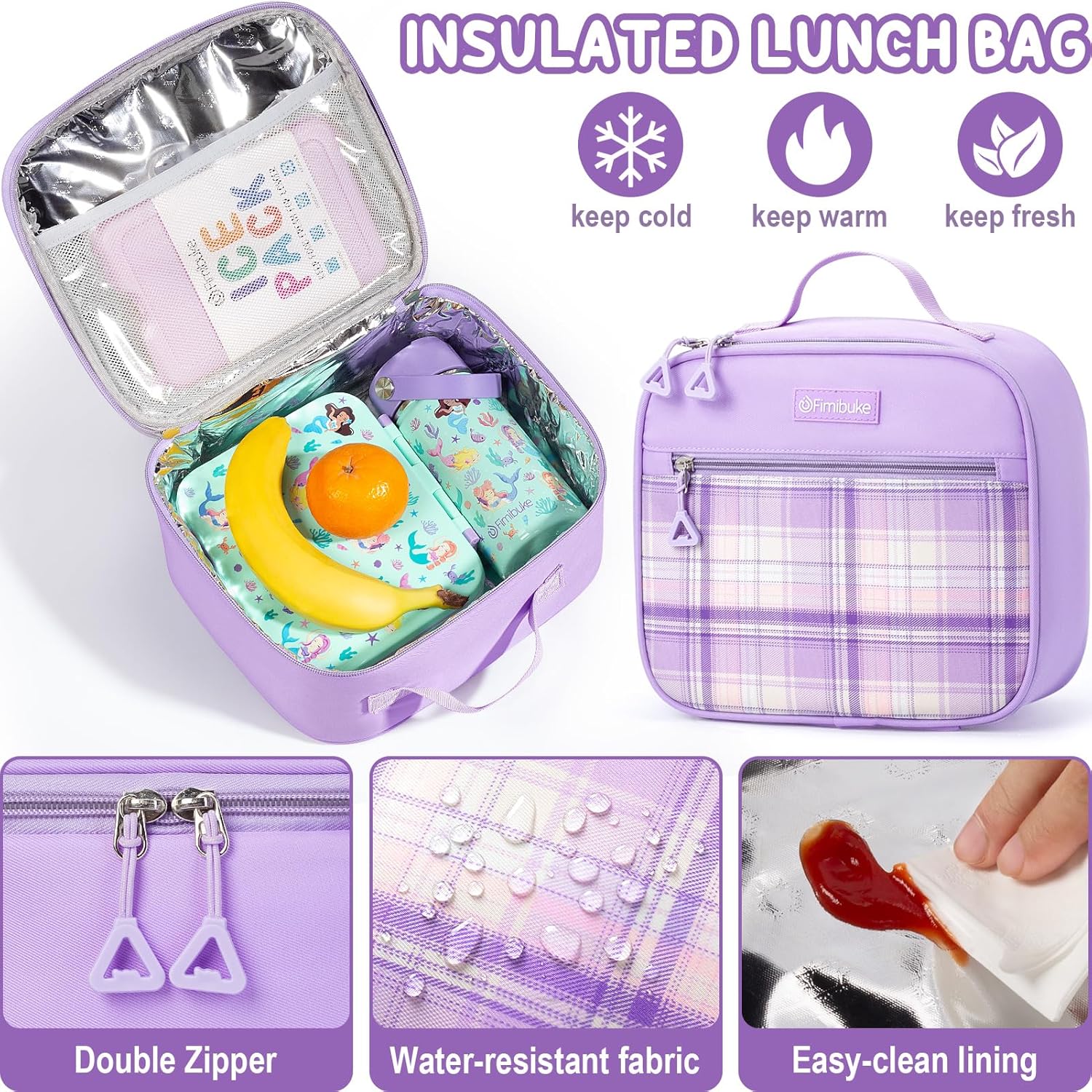 Fimibuke Girls 3PCS Waterproof Backpack Set with Lunch Box & Pencil Pouch, Black & Purple, Age 6+