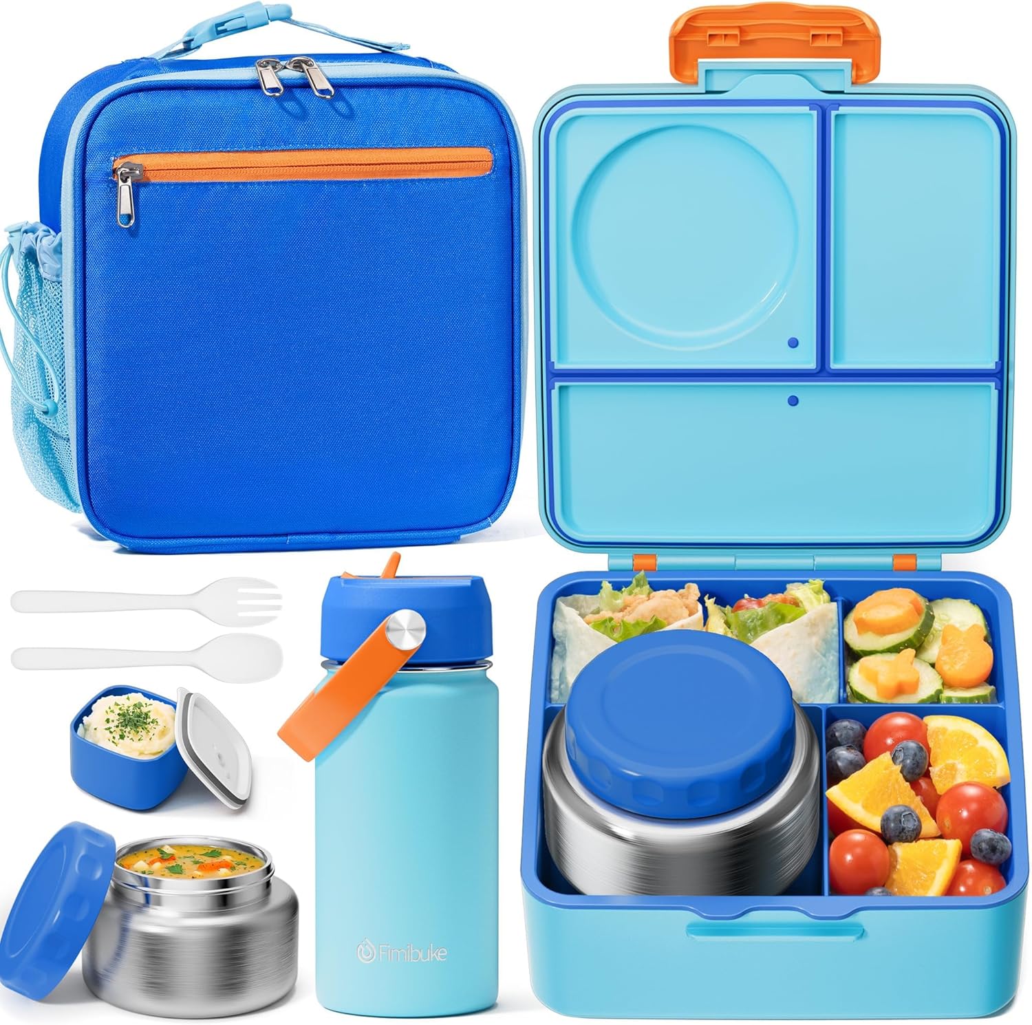 Fimibuke Kids Bento Lunch Box with 8.5oz Insulated Thermos, Leak-Proof Lunch Bag & Water Bottle, 3-4 Compartments