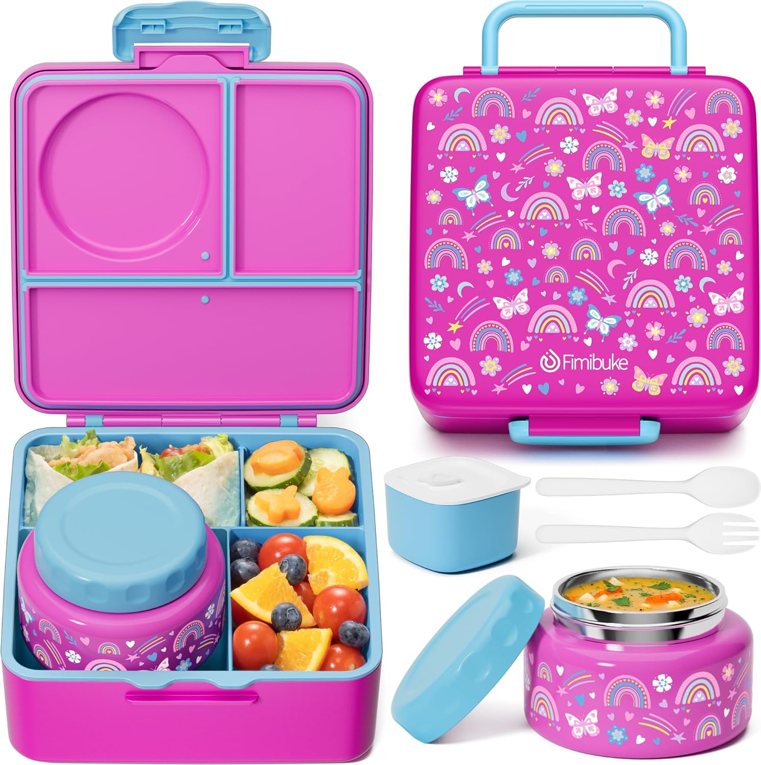 Fimibuke Bento Box for Kids & Adults, Leak-Proof with 8.5oz Insulated Thermos, Utensils & Sauce Jar, 3-4 Compartments