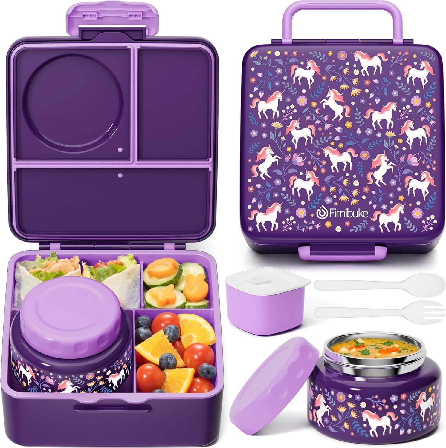 Fimibuke Bento Box for Kids & Adults, Leak-Proof with 8.5oz Insulated Thermos, Utensils & Sauce Jar, 3-4 Compartments