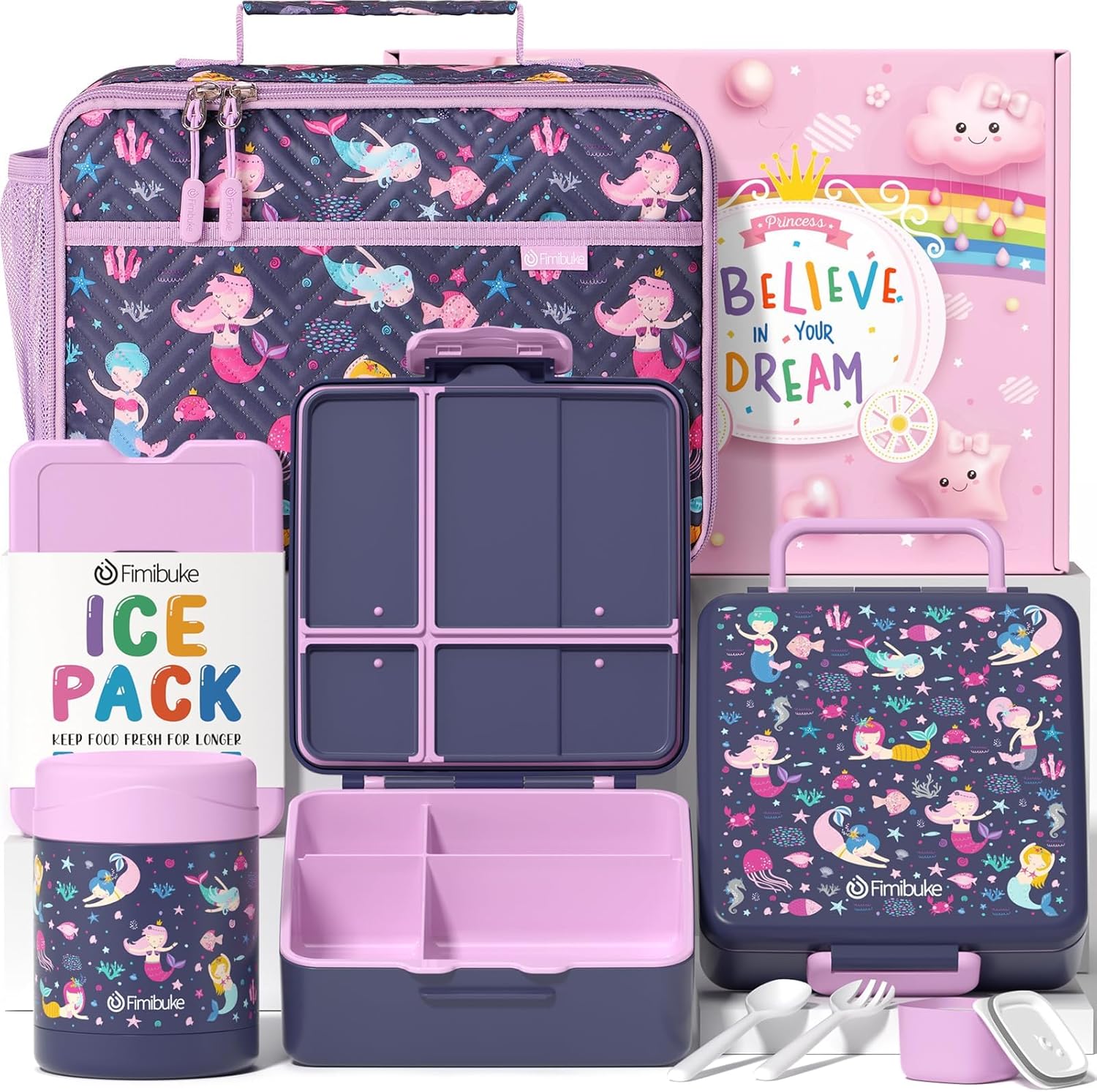 Fimibuke Kids Bento Lunch Box 4-Compartment with Insulated Bag, Vacuum Thermos & Utensils Set