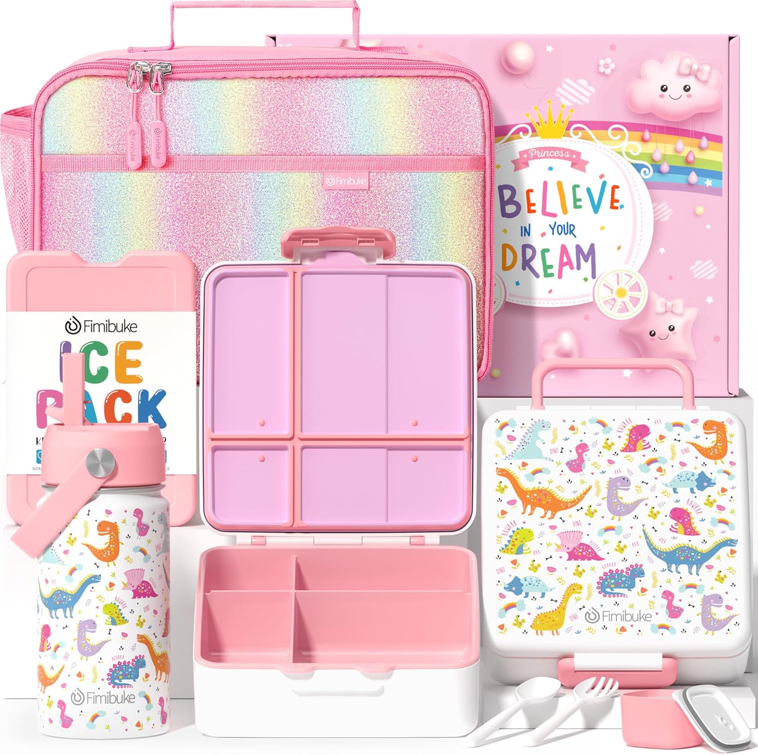 Fimibuke Kids Bento Lunch Box 4 Compartments with Insulated Bag, Stainless Steel Water Bottle, Ice Pack & Utensils Set