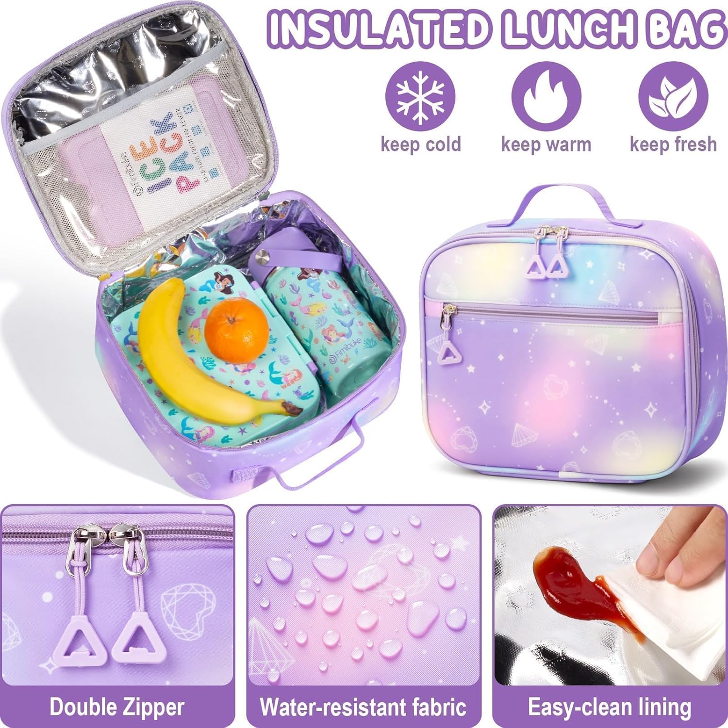 Fimibuke Girls 3PCS Waterproof Backpack Set with Lunch Box & Pencil Pouch, Lightweight School Bag