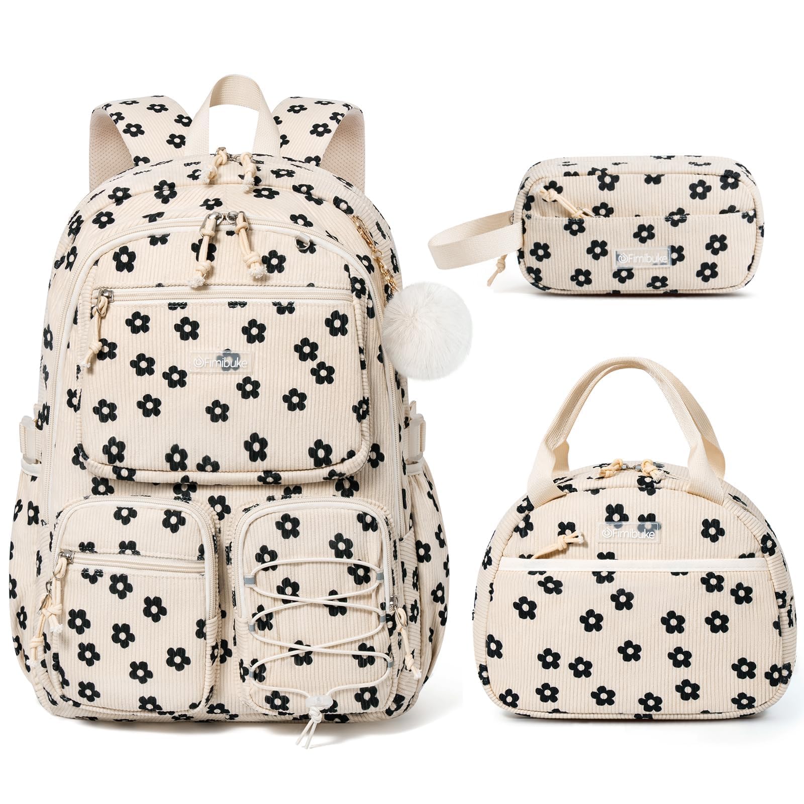 Fimibuke Girls Corduroy 3-Piece Backpack Set with Lunch Bag & Pencil Pouch