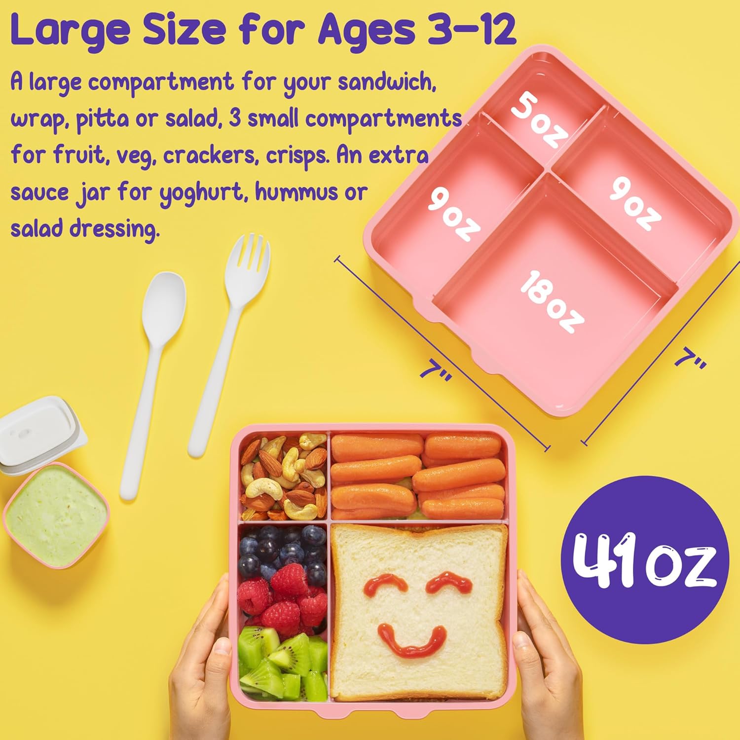 Fimibuke Kids Leak-Proof Bento Lunch Box with 4 Compartments & Utensils, BPA-Free, Dishwasher Safe