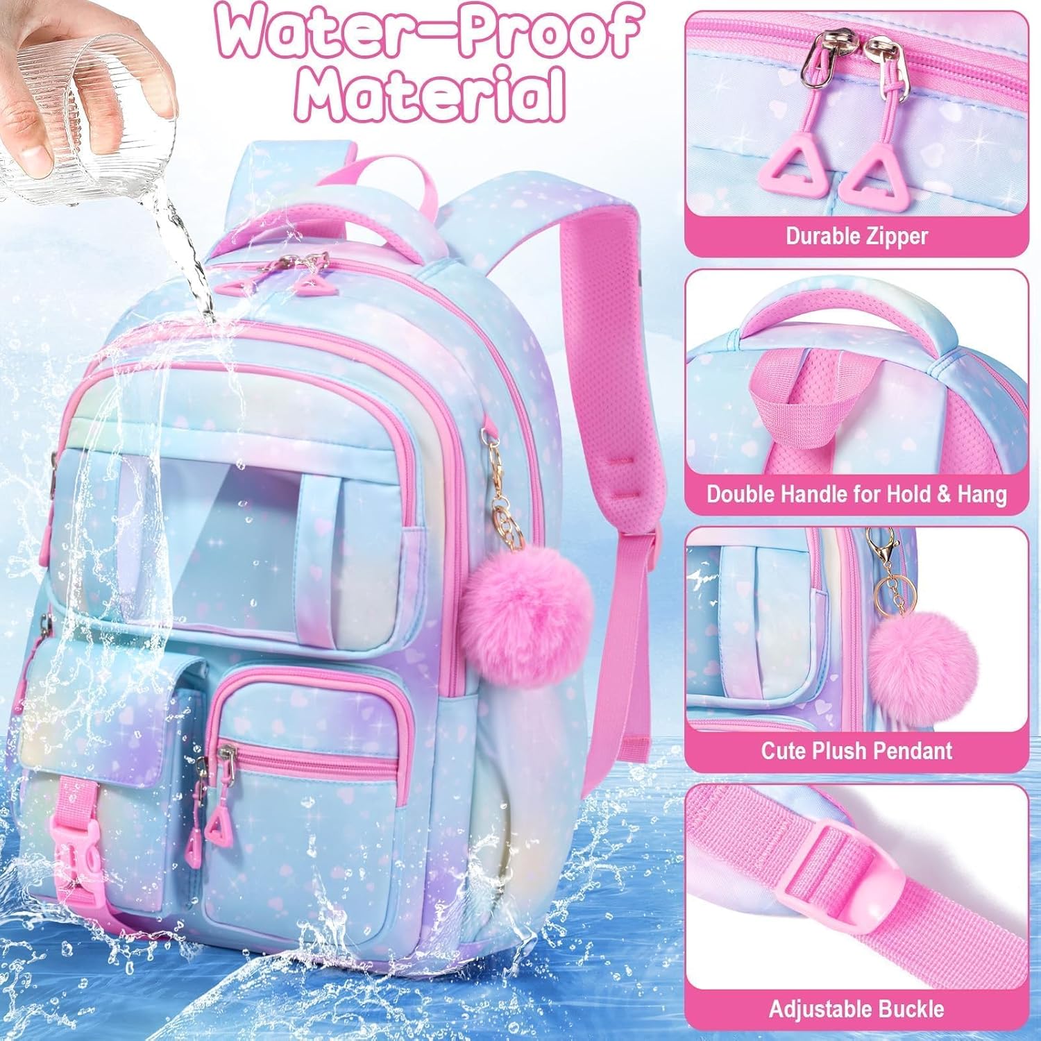 Fimibuke Girls 3PCS Waterproof Backpack Set with Lunch Box & Pencil Pouch, Lightweight School Bag