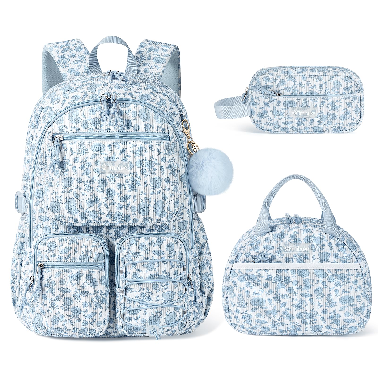 Fimibuke Girls Corduroy 3-Piece Backpack Set with Lunch Bag & Pencil Pouch