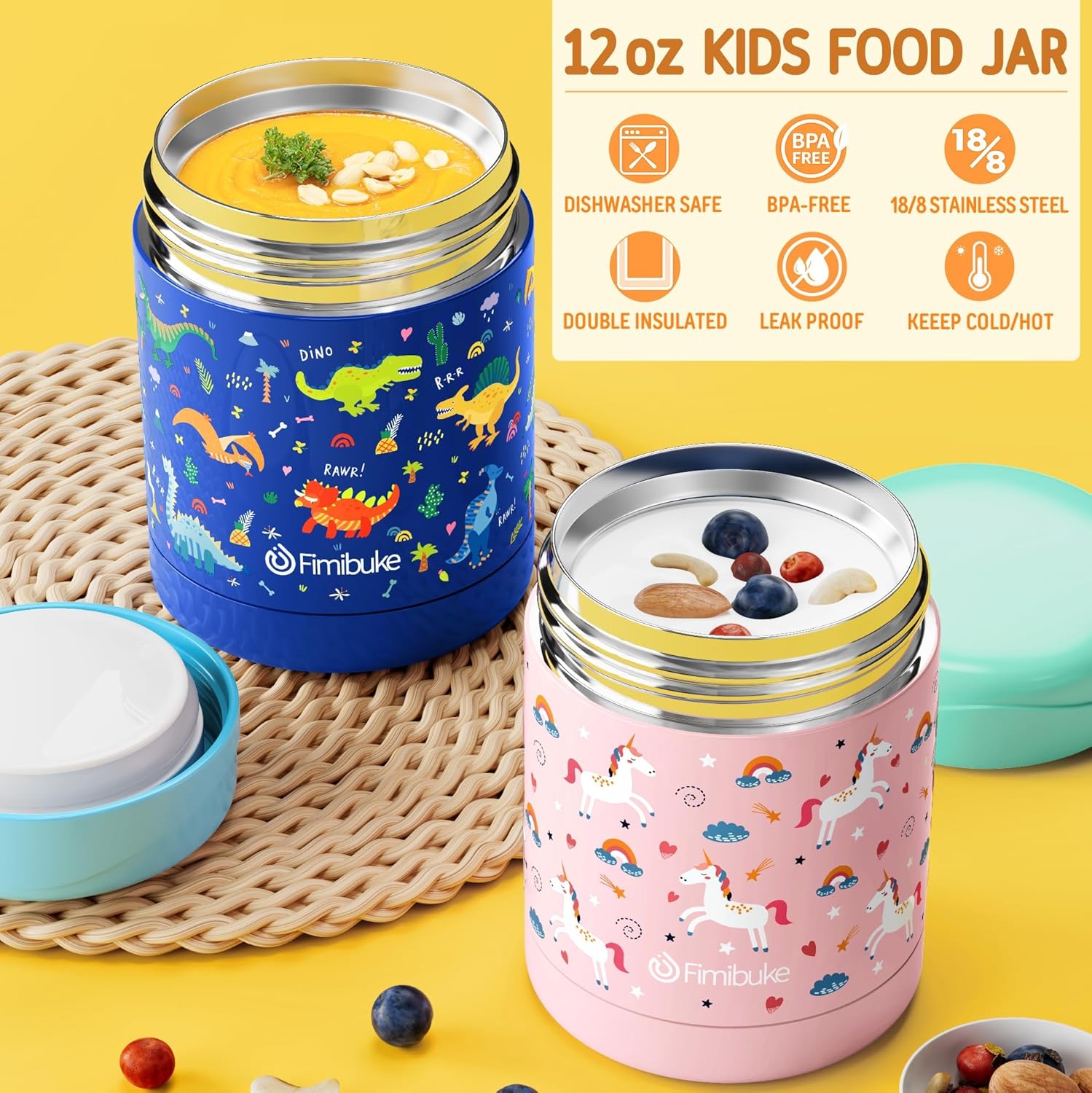 Fimibuke Kids Bento Lunch Box 4-Compartment with Insulated Bag, Vacuum Thermos & Utensils Set