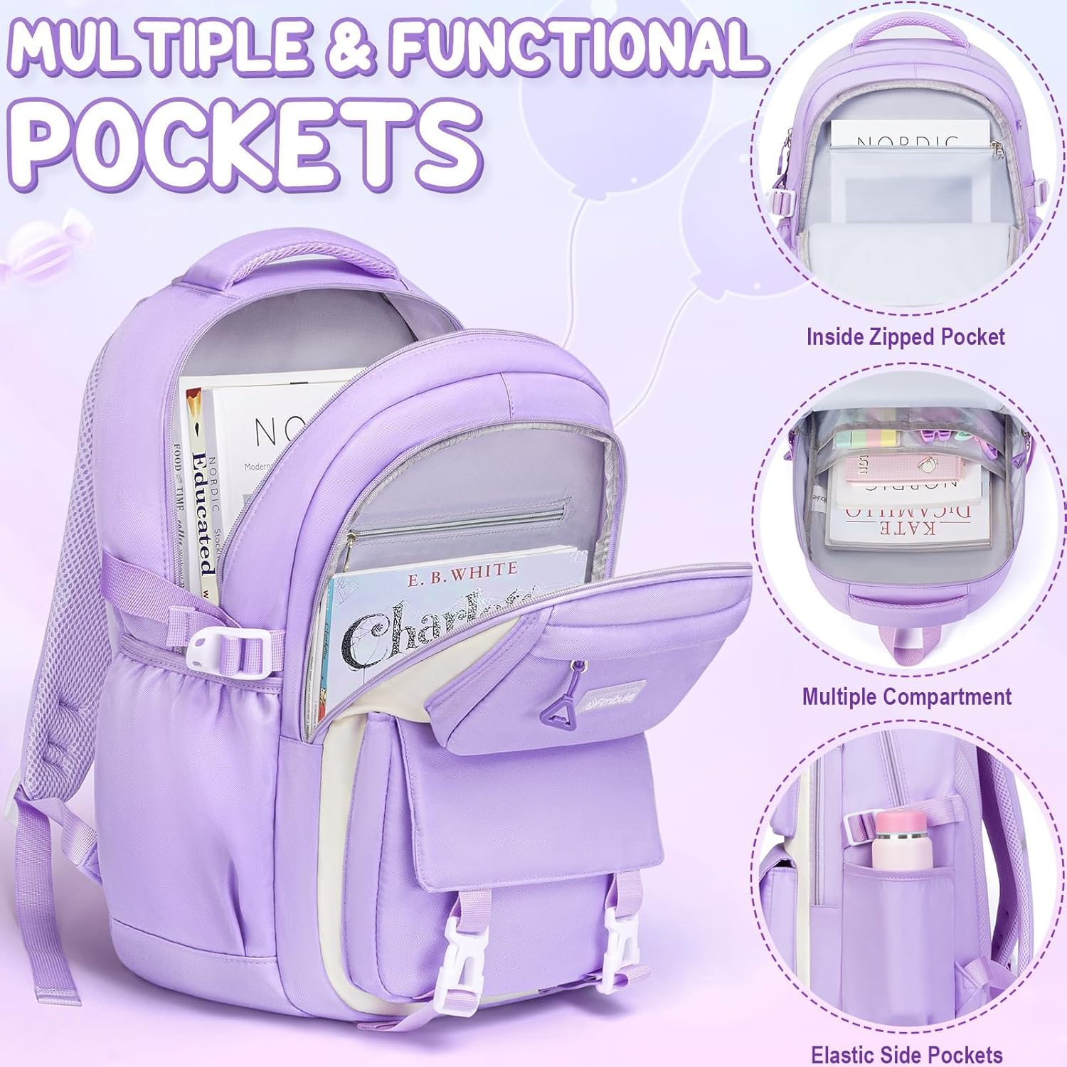 Fimibuke Girls 3PCS Waterproof School Backpack Set with Lunch Box & Pencil Pouch, Ages 6+