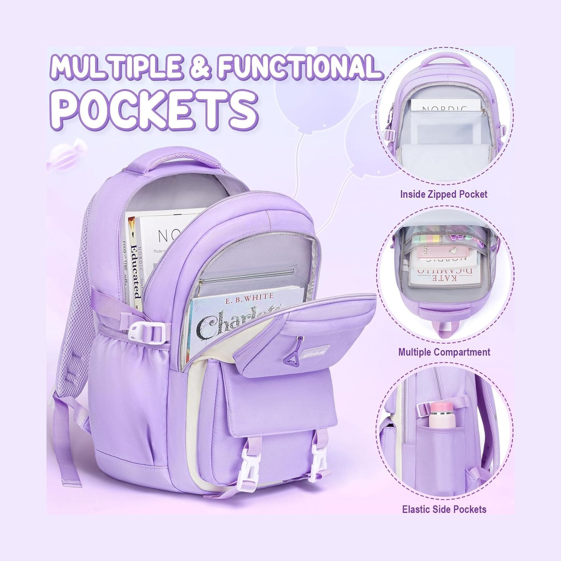 Fimibuke Girls 3-Piece Colorblock Backpack Set, Age 6+ - Black & Purple