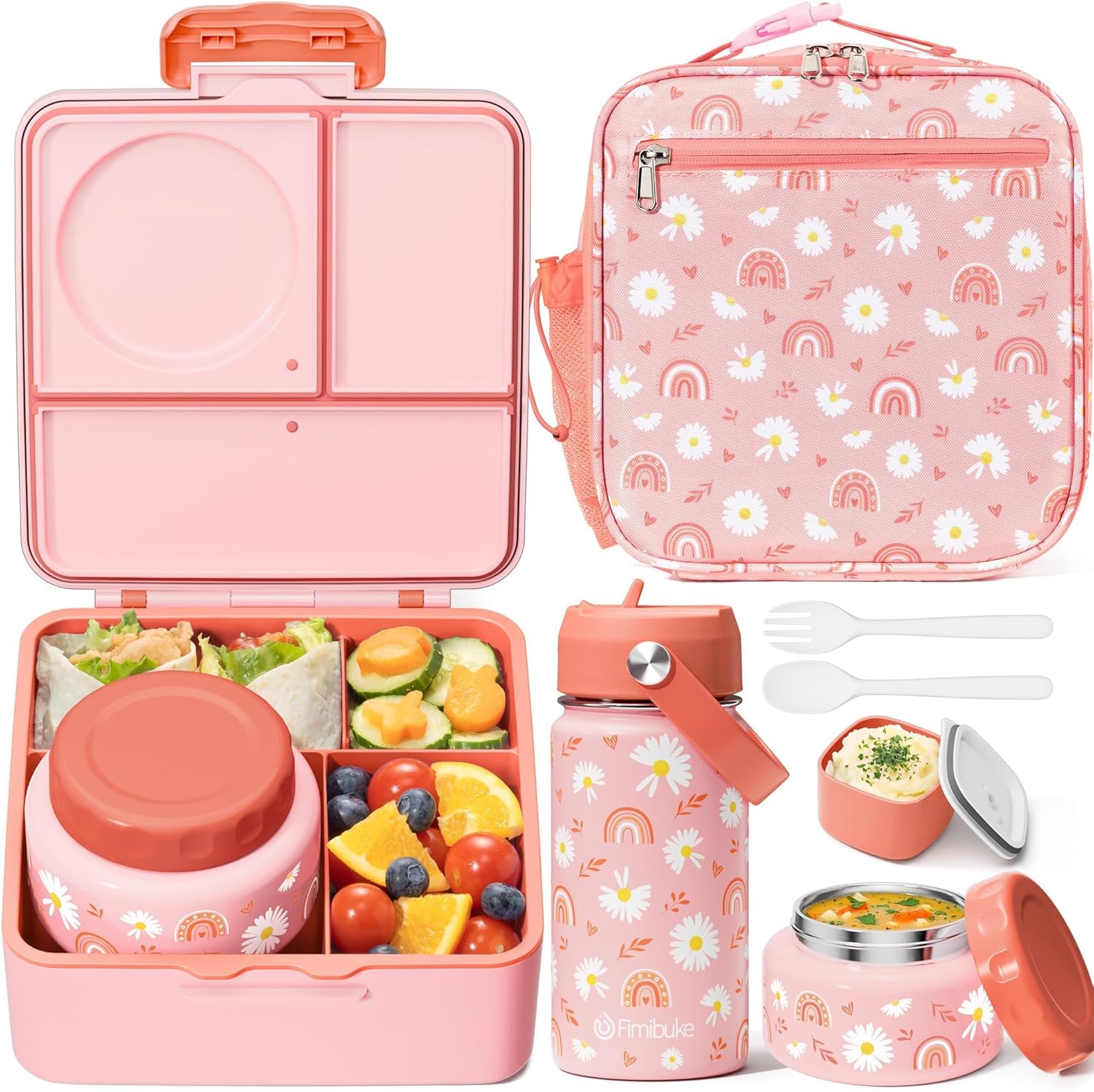 Fimibuke Bento Box Set for Kids & Adults, Leak-Proof 3-4 Compartments with Insulated Thermos, Water Bottle & Lunch Bag