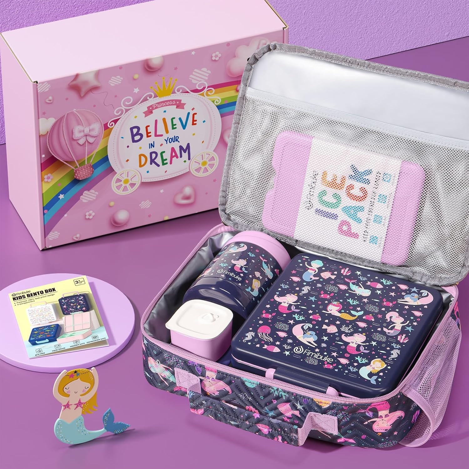 Fimibuke Kids Bento Lunch Box 4-Compartment with Insulated Bag, Vacuum Thermos & Utensils Set