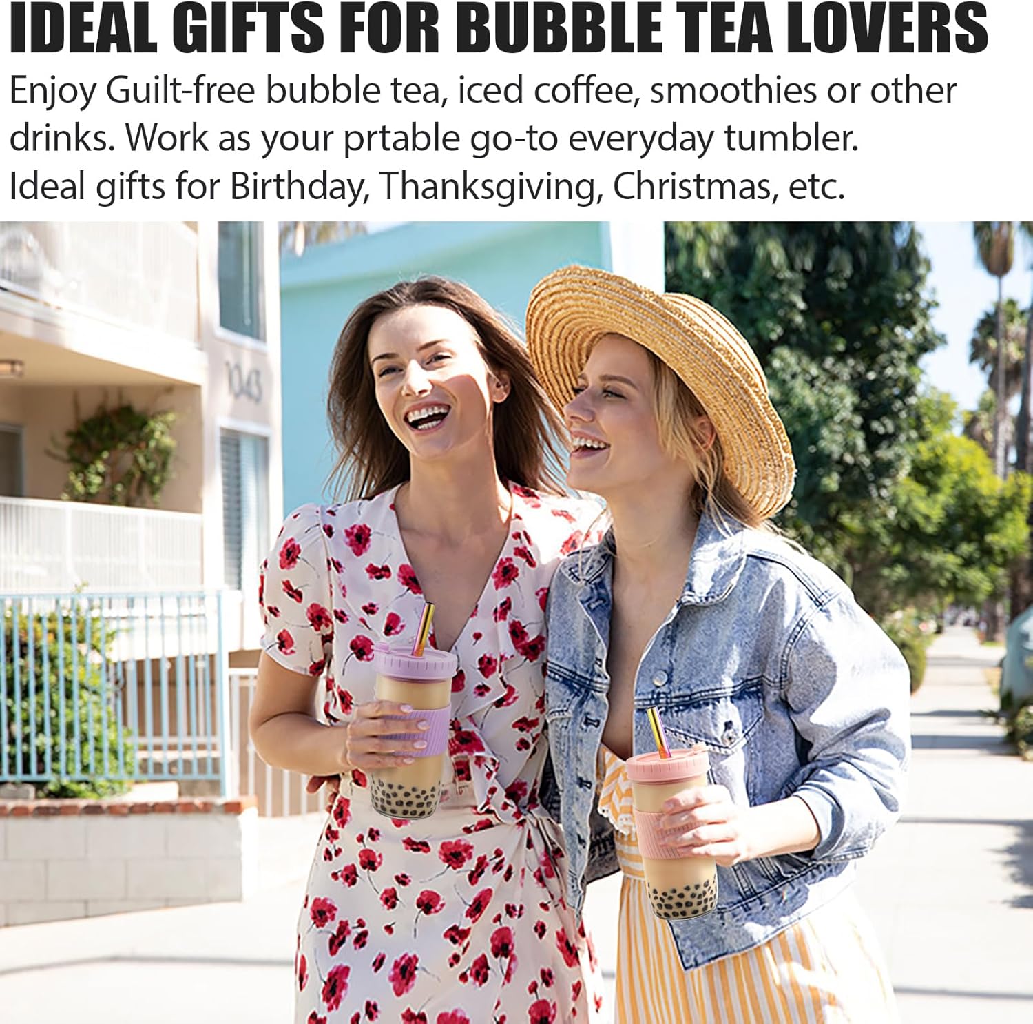 Reusable 24oz Glass Mason Jar Cups with Lids & Straws