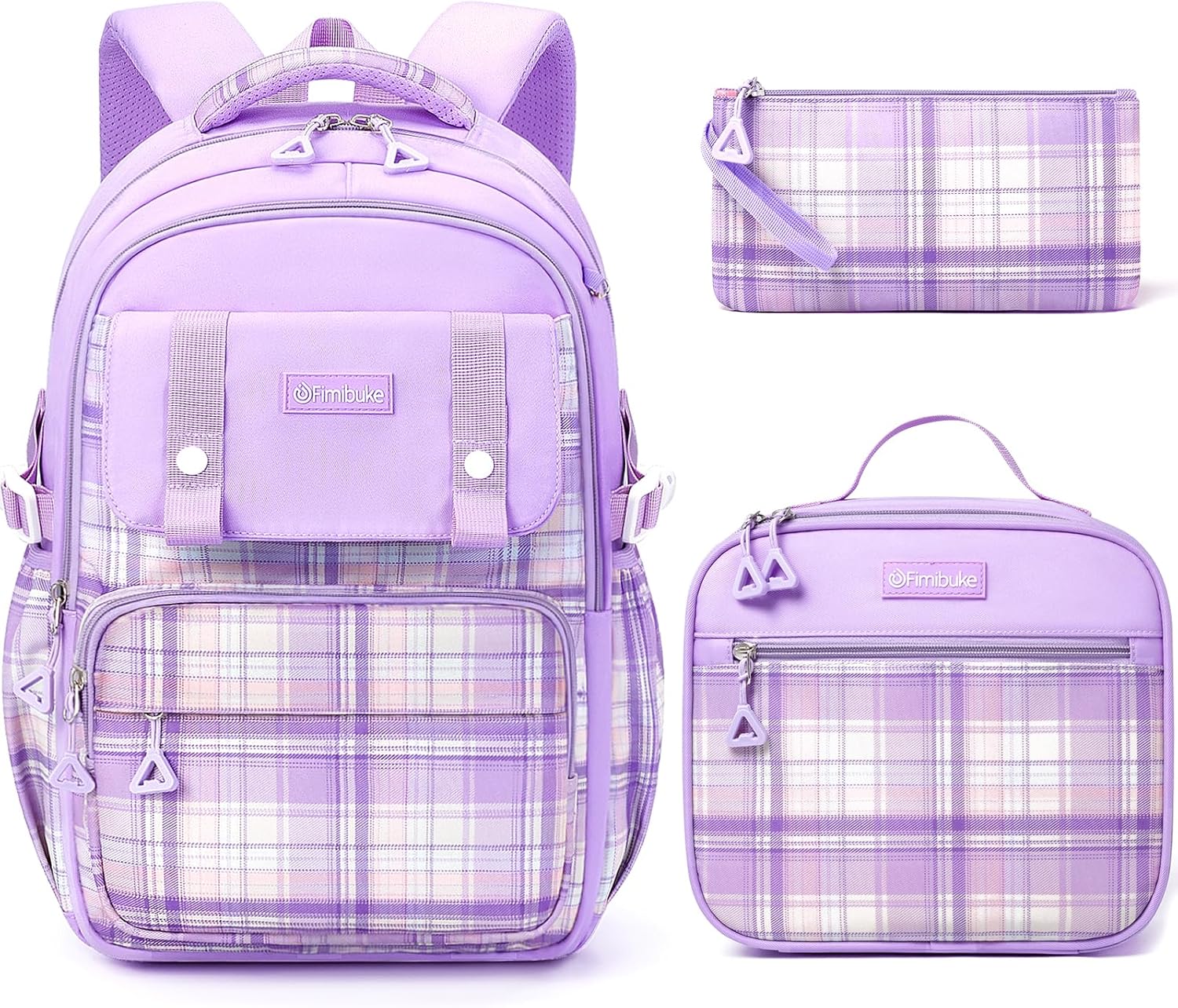Fimibuke Girls 3PCS Waterproof Backpack Set with Lunch Box & Pencil Pouch, Black & Purple, Age 6+