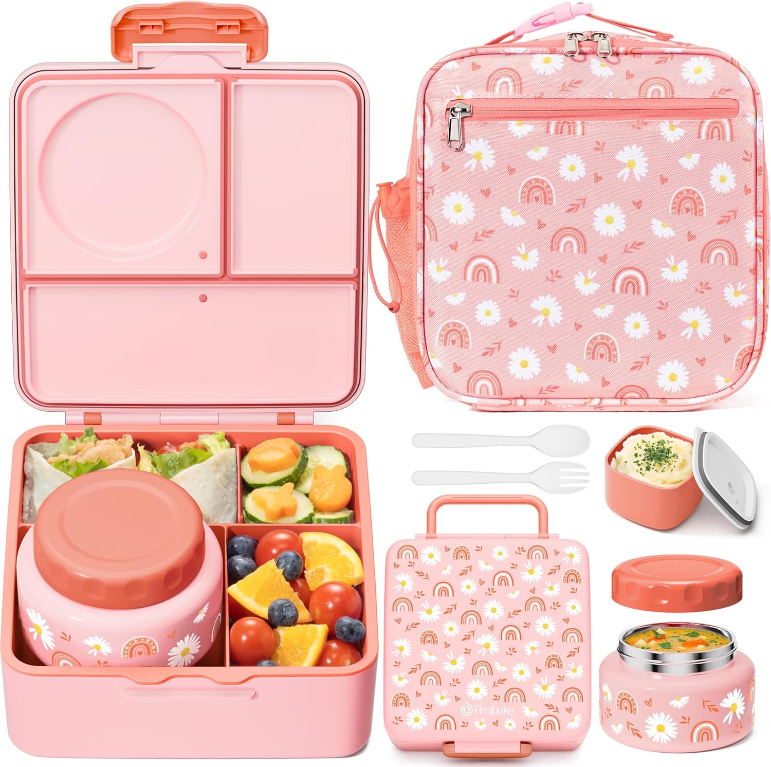 Fimibuke Bento Lunch Box Set for Kids & Adults with 8oz Thermos, Insulated Bag & Sauce Cup, Leak-Proof 3-4 Compartment Container