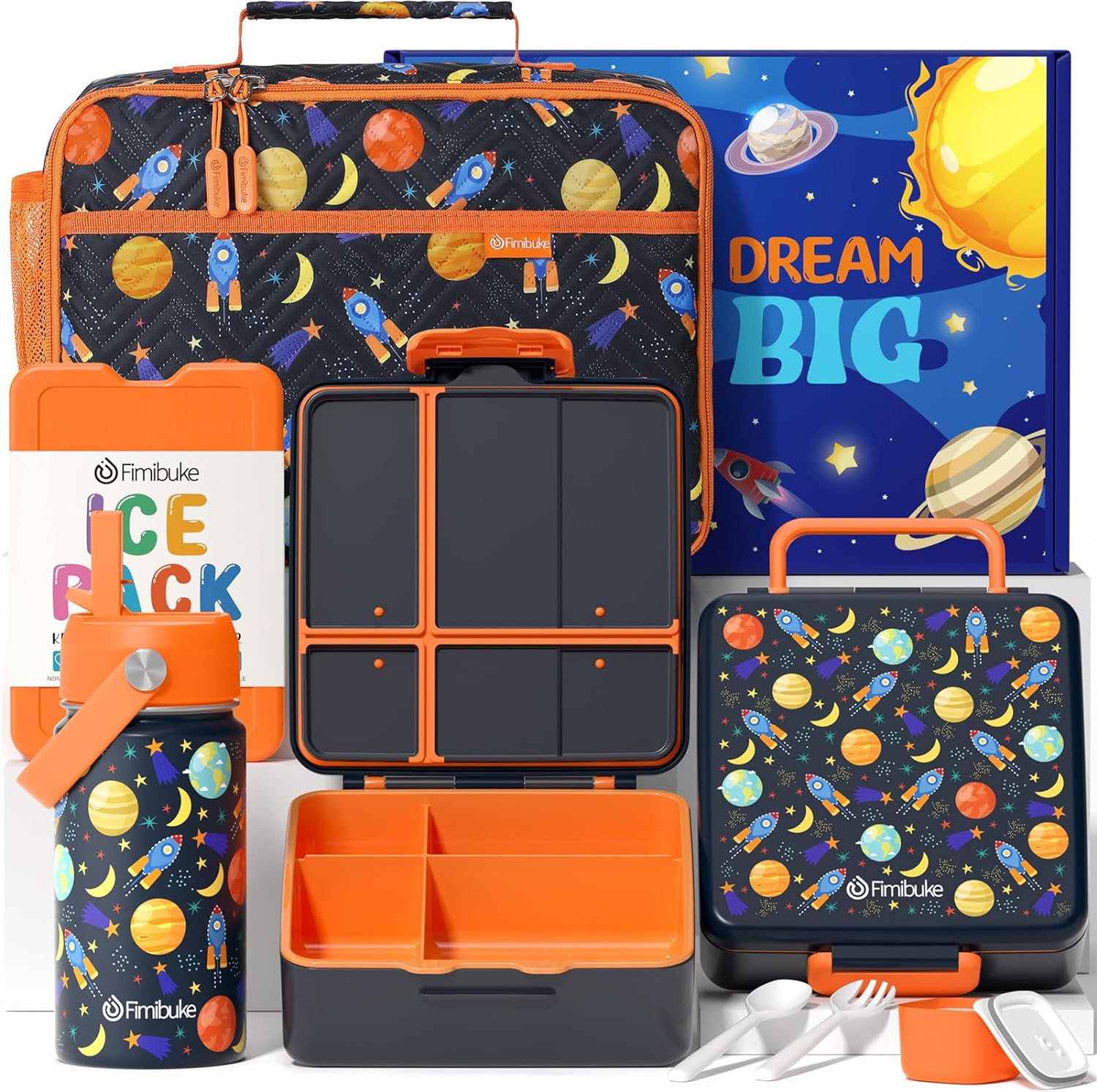 Fimibuke Kids Bento Lunch Box 4 Compartments with Insulated Bag, Stainless Steel Water Bottle, Ice Pack & Utensils Set