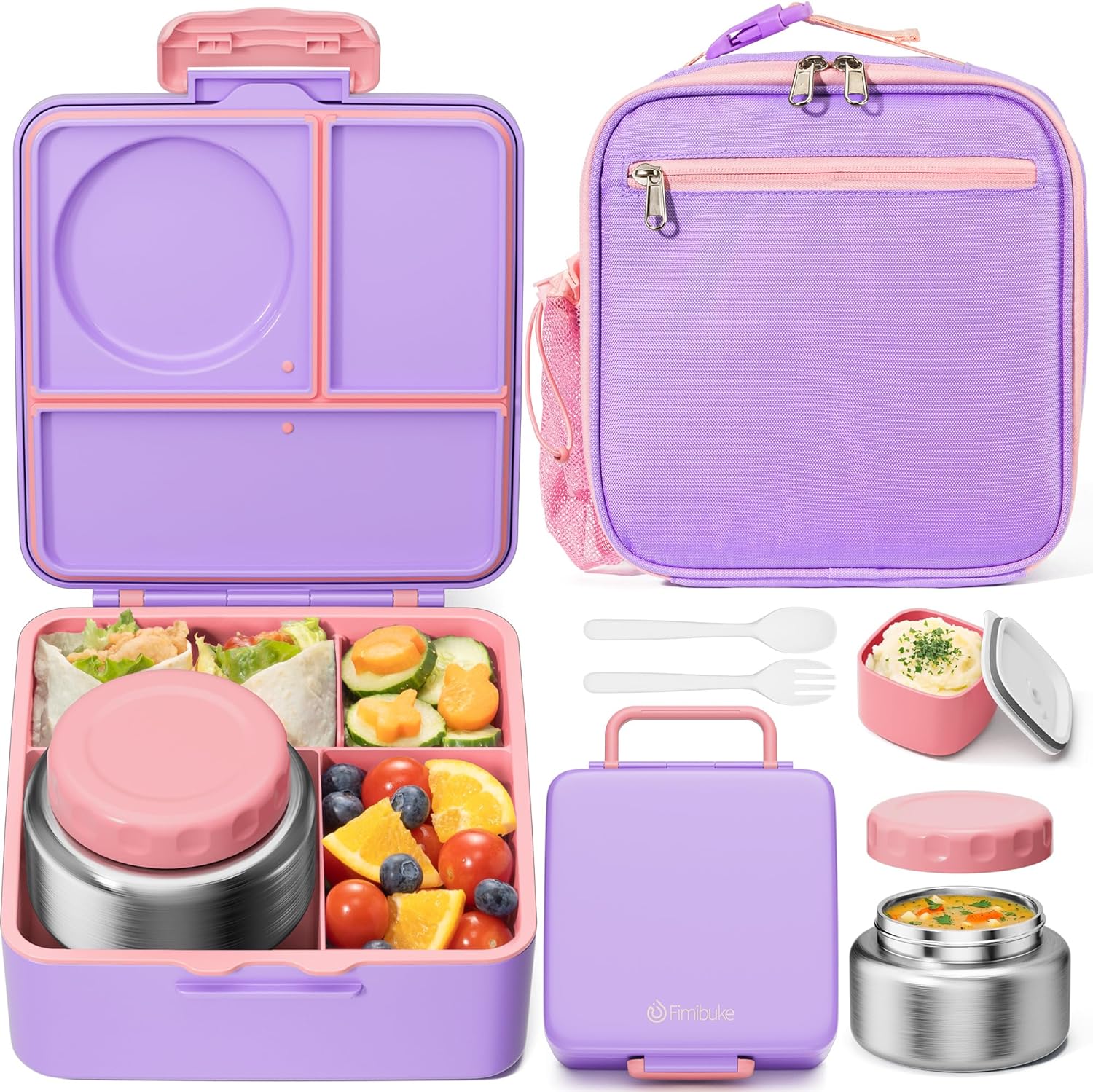 Fimibuke Bento Lunch Box Set for Kids & Adults with 8oz Thermos, Insulated Bag & Sauce Cup, Leak-Proof 3-4 Compartment Container