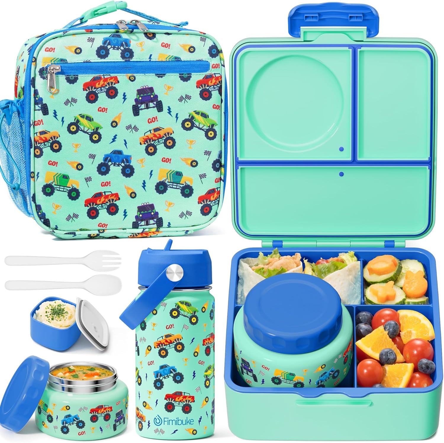Fimibuke Kids Bento Lunch Box with 8.5oz Insulated Thermos, Leak-Proof Lunch Bag & Water Bottle, 3-4 Compartments