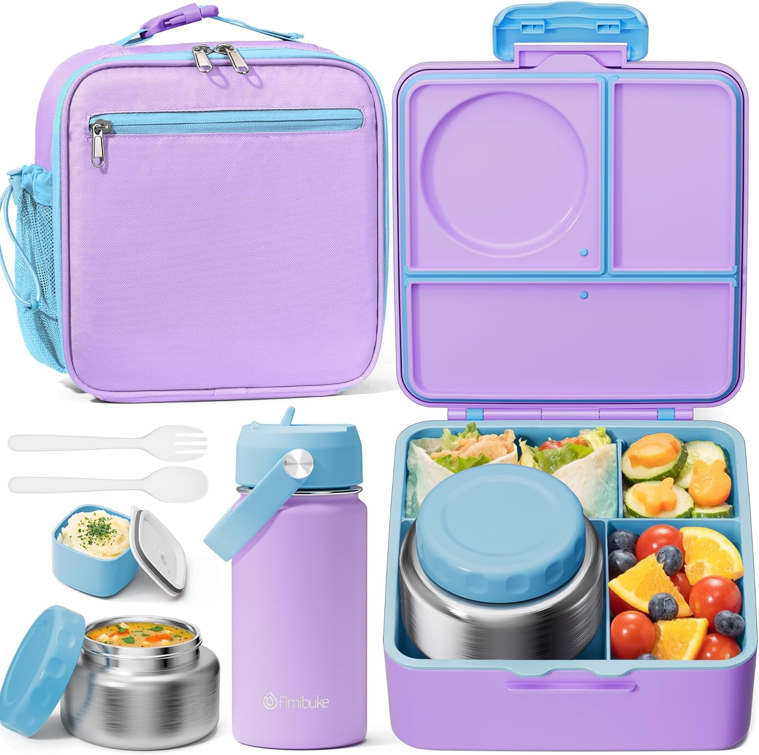 Fimibuke Kids Bento Lunch Box with 8.5oz Insulated Thermos, Leak-Proof Lunch Bag & Water Bottle, 3-4 Compartments