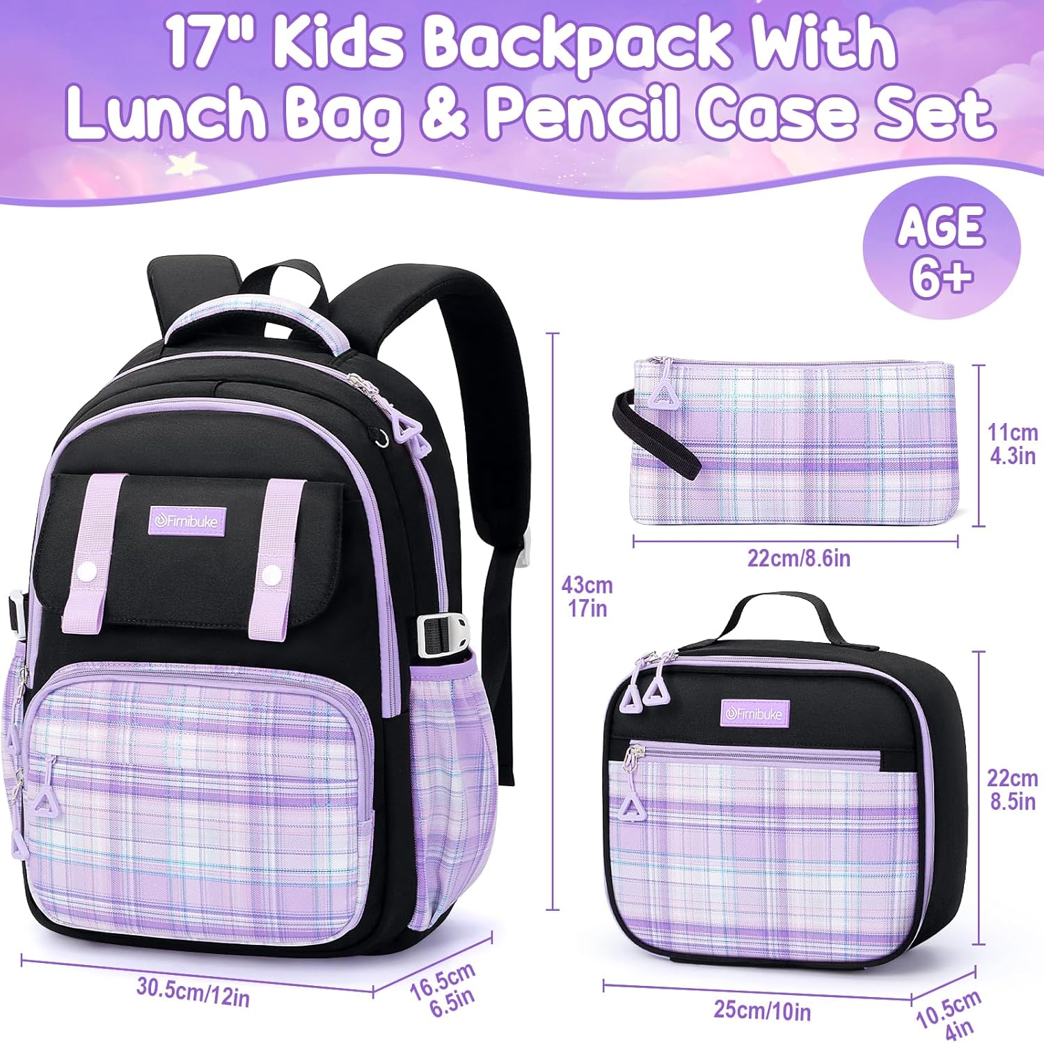 Fimibuke Girls 3PCS Waterproof Backpack Set with Lunch Box & Pencil Pouch, Black & Purple, Age 6+