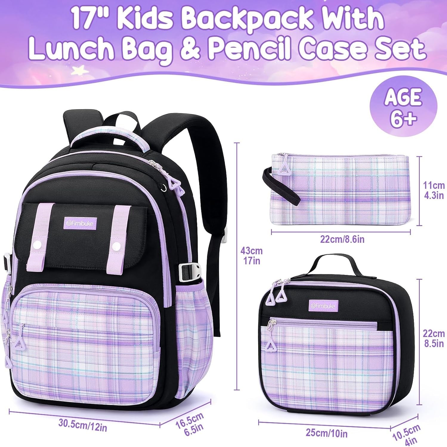 Fimibuke Girls 3-Piece Water-Resistant Backpack Set, Age 6+ - purple