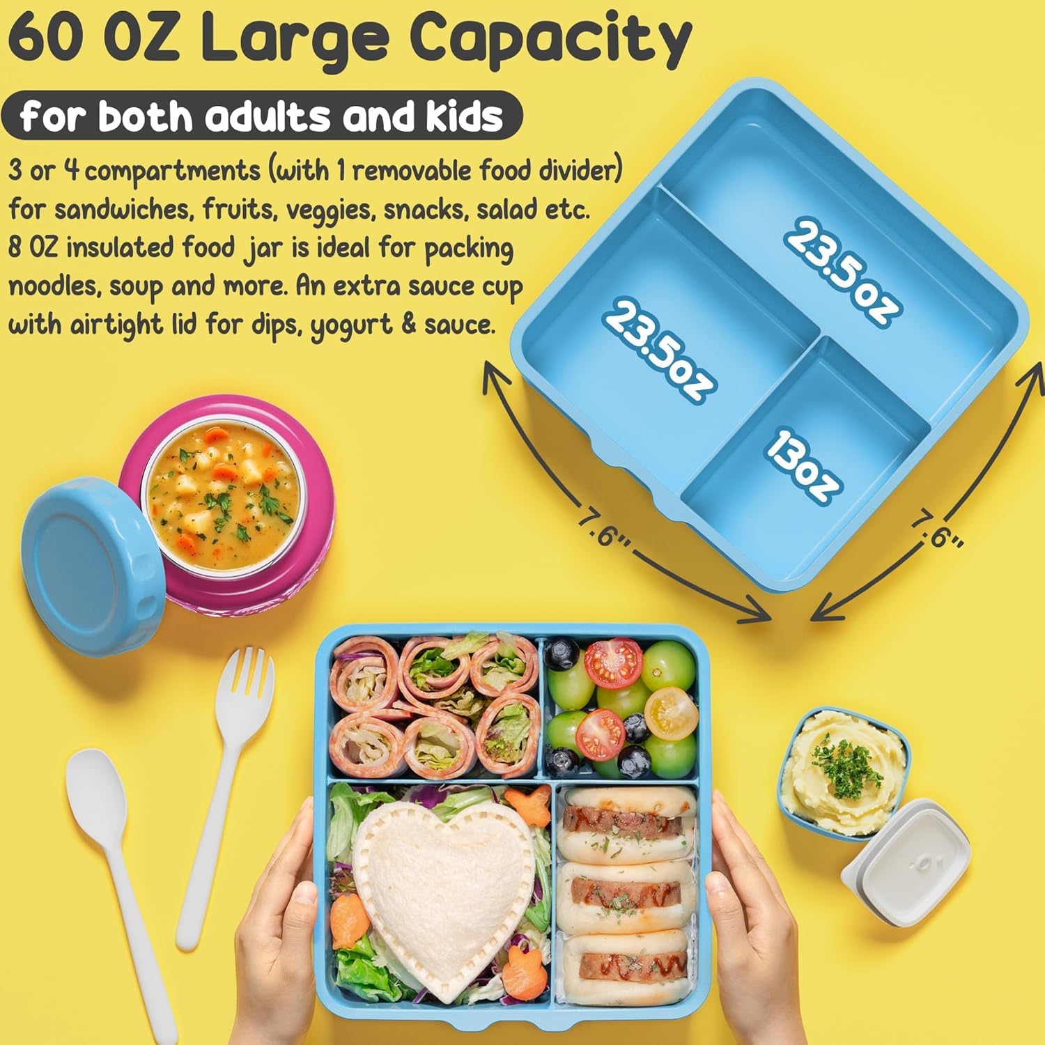 Fimibuke Kids Bento Lunch Box with 8.5oz Insulated Thermos, Leak-Proof Lunch Bag & Utensils, 3-4 Compartments