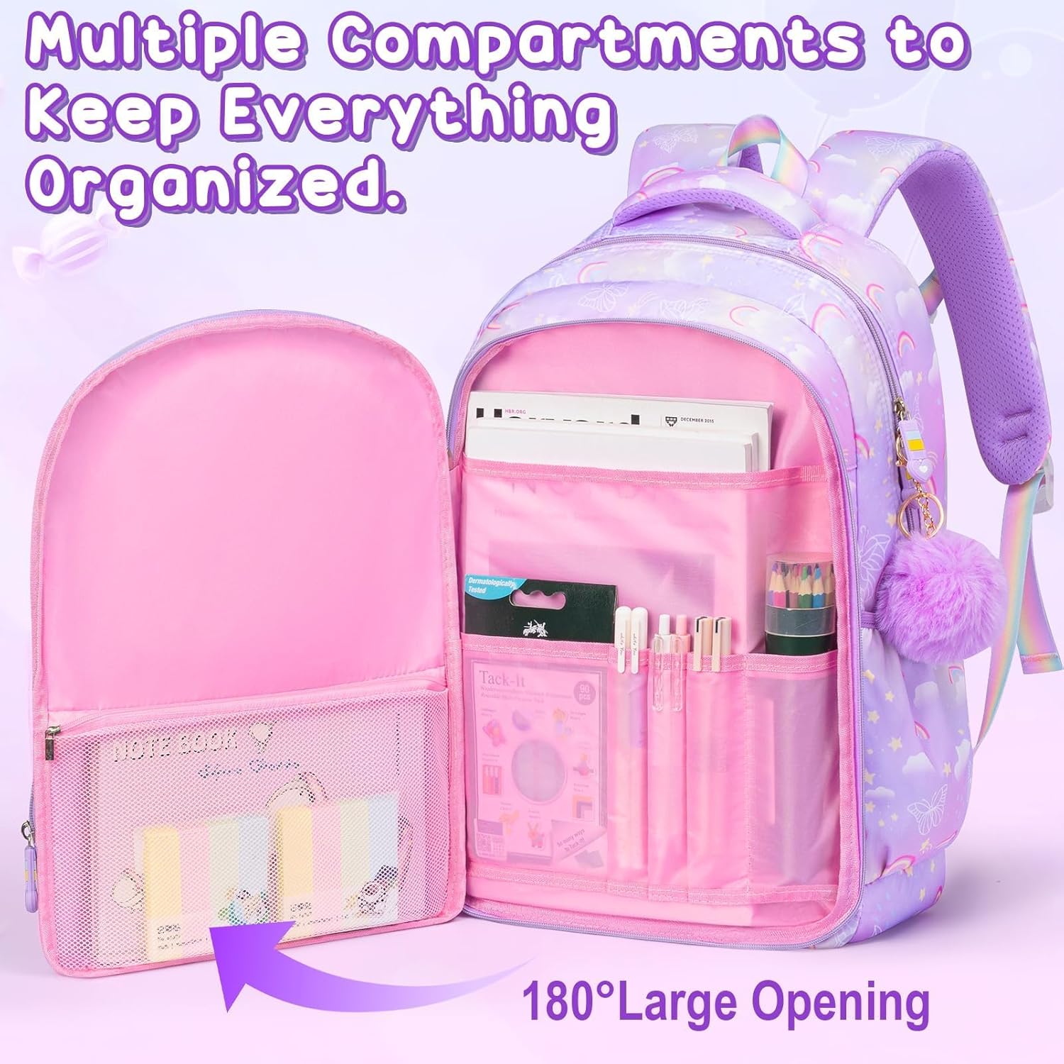 Fimibuke Girls 3PCS Backpack Set with Rainbow & Butterflies, Lunch Box & Pencil Case