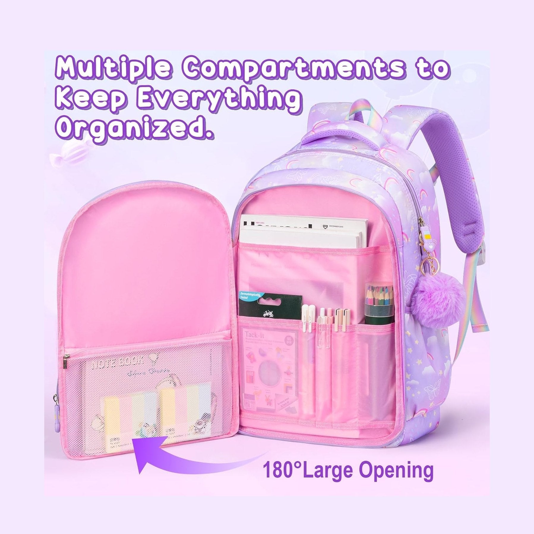Fimibuke Girls Rainbow Butterfly 3-Piece Backpack Set - Purple