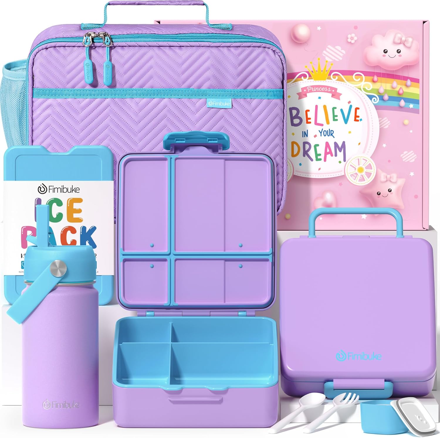 Fimibuke Kids Bento Lunch Box 4 Compartments with Insulated Bag, Stainless Steel Water Bottle, Ice Pack & Utensils Set