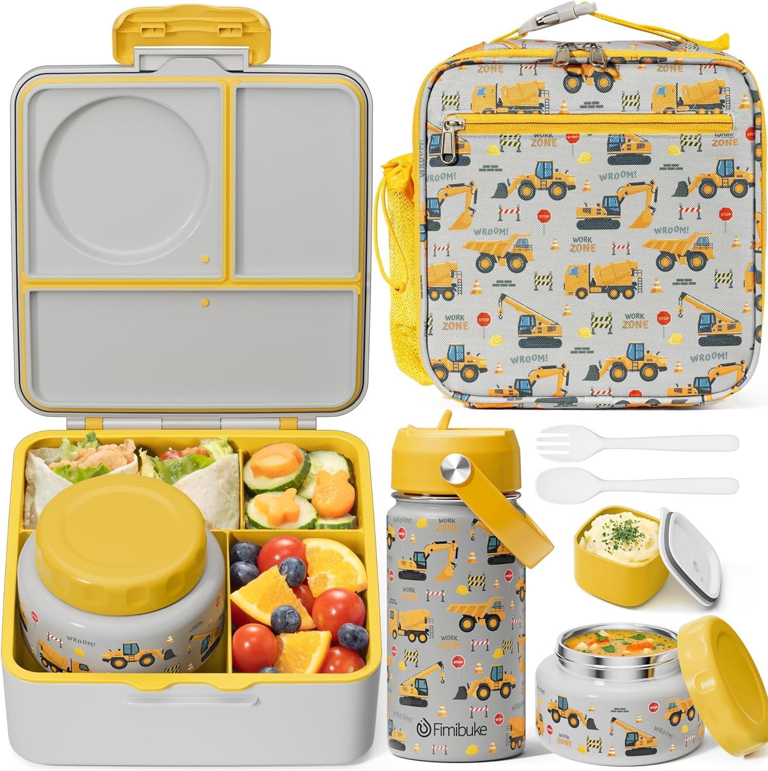 Fimibuke Bento Box Set for Kids & Adults, Leak-Proof 3-4 Compartments with Insulated Thermos, Water Bottle & Lunch Bag