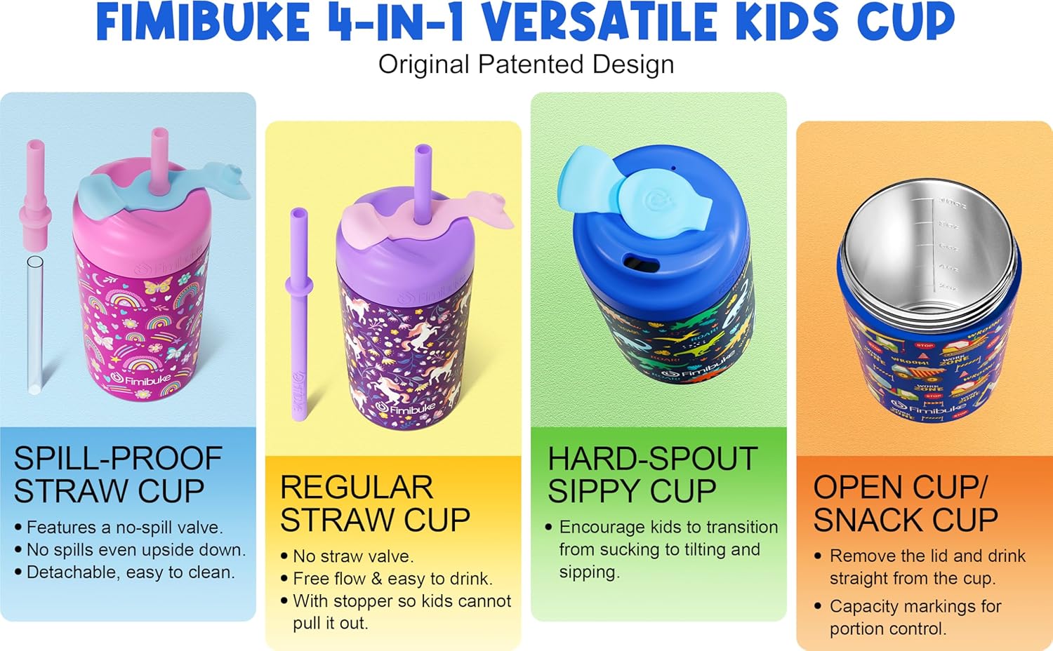 Fimibuke Kids & Toddler 10oz Spill-Proof Stainless Steel Cups with Straw