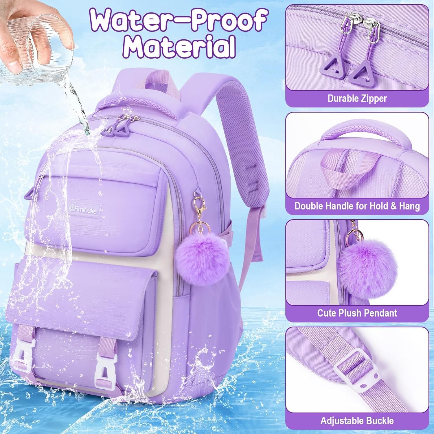 Fimibuke Girls 3PCS Waterproof School Backpack Set with Lunch Box & Pencil Pouch, Ages 6+