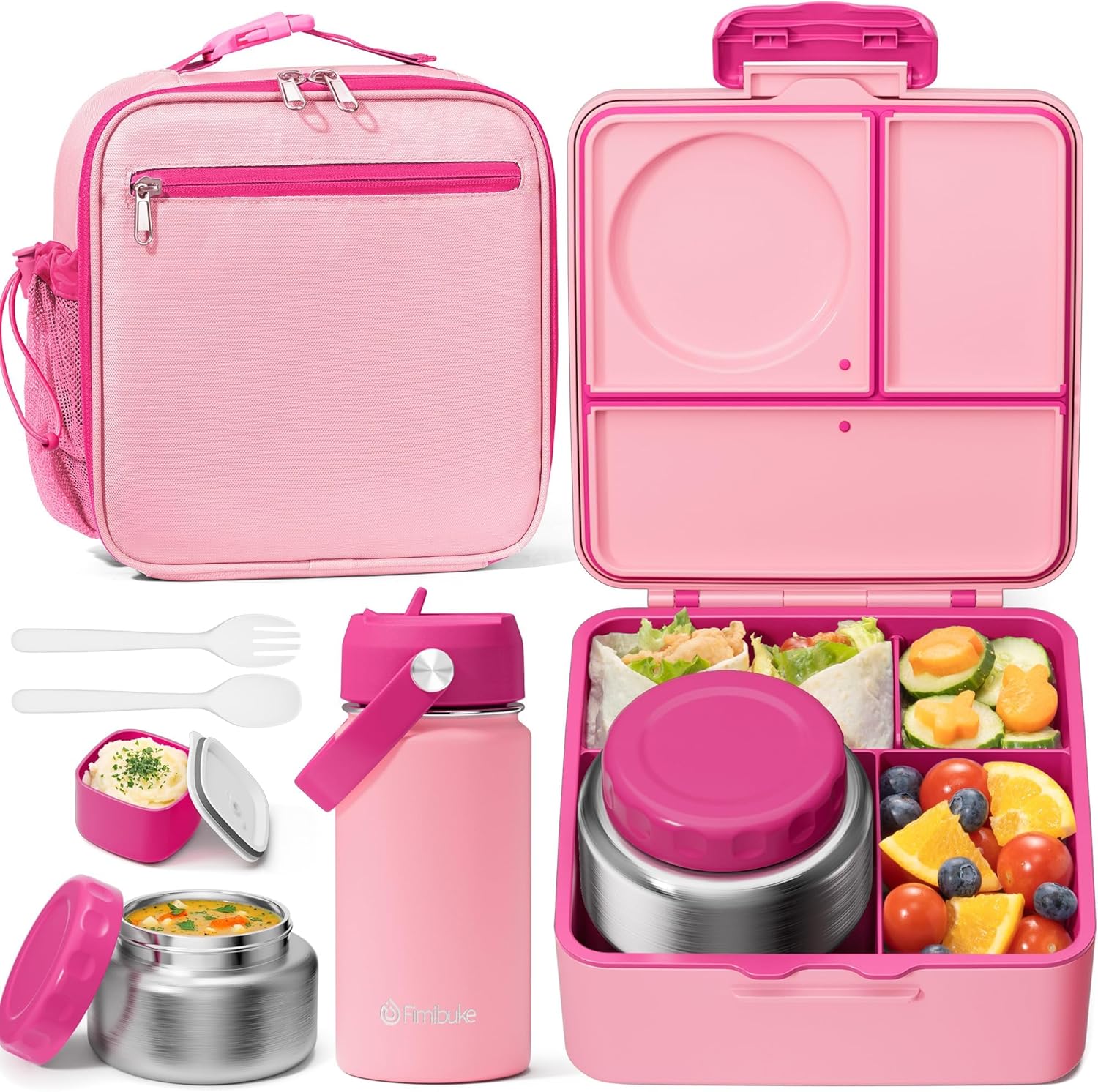 Fimibuke Kids Bento Lunch Box with 8.5oz Insulated Thermos, Leak-Proof Lunch Bag & Water Bottle, 3-4 Compartments