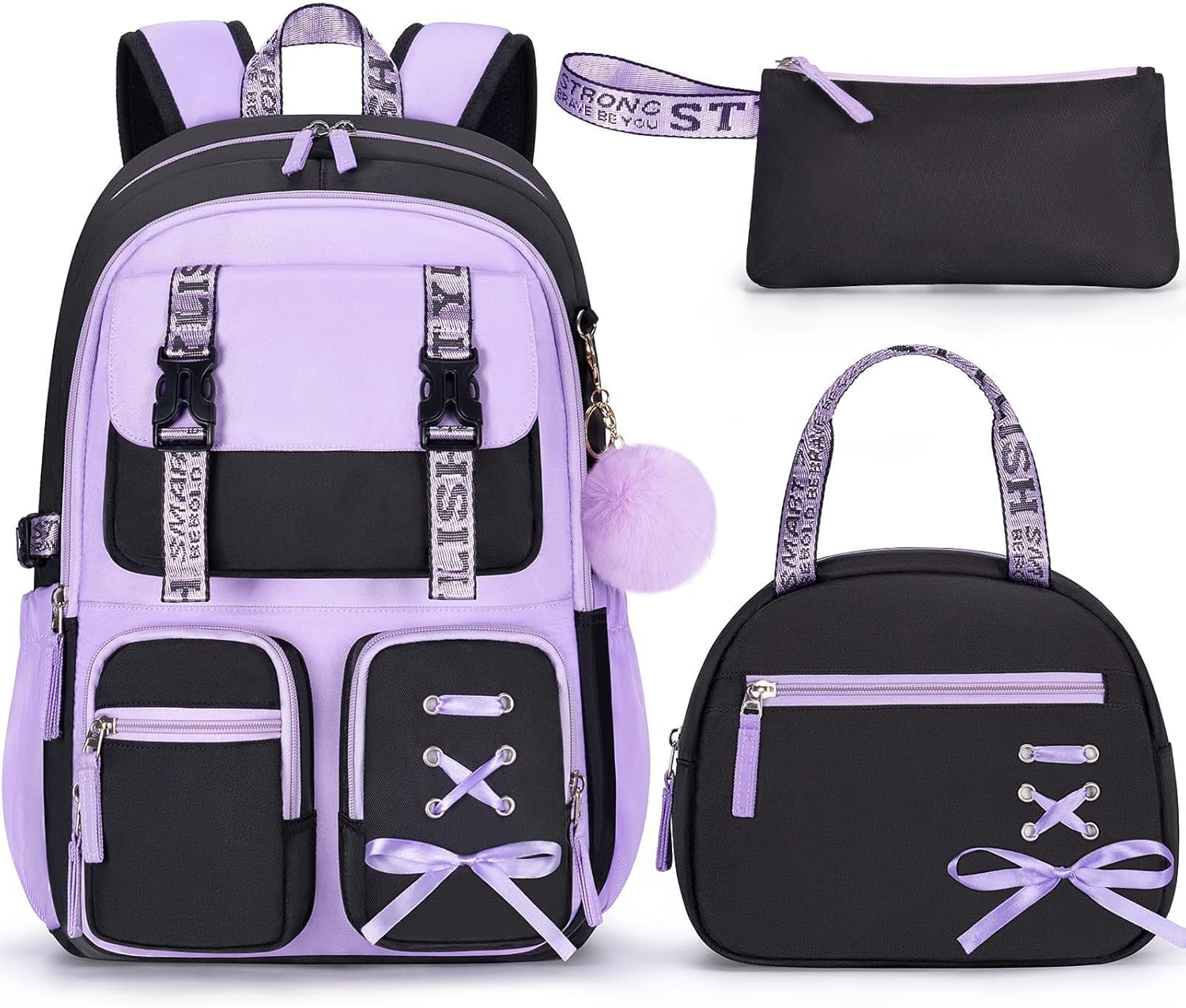 Fimibuke Girls 3PCS Waterproof Backpack Set with Lunch Box & Pencil Case, School Bookbag for Kids & Teens