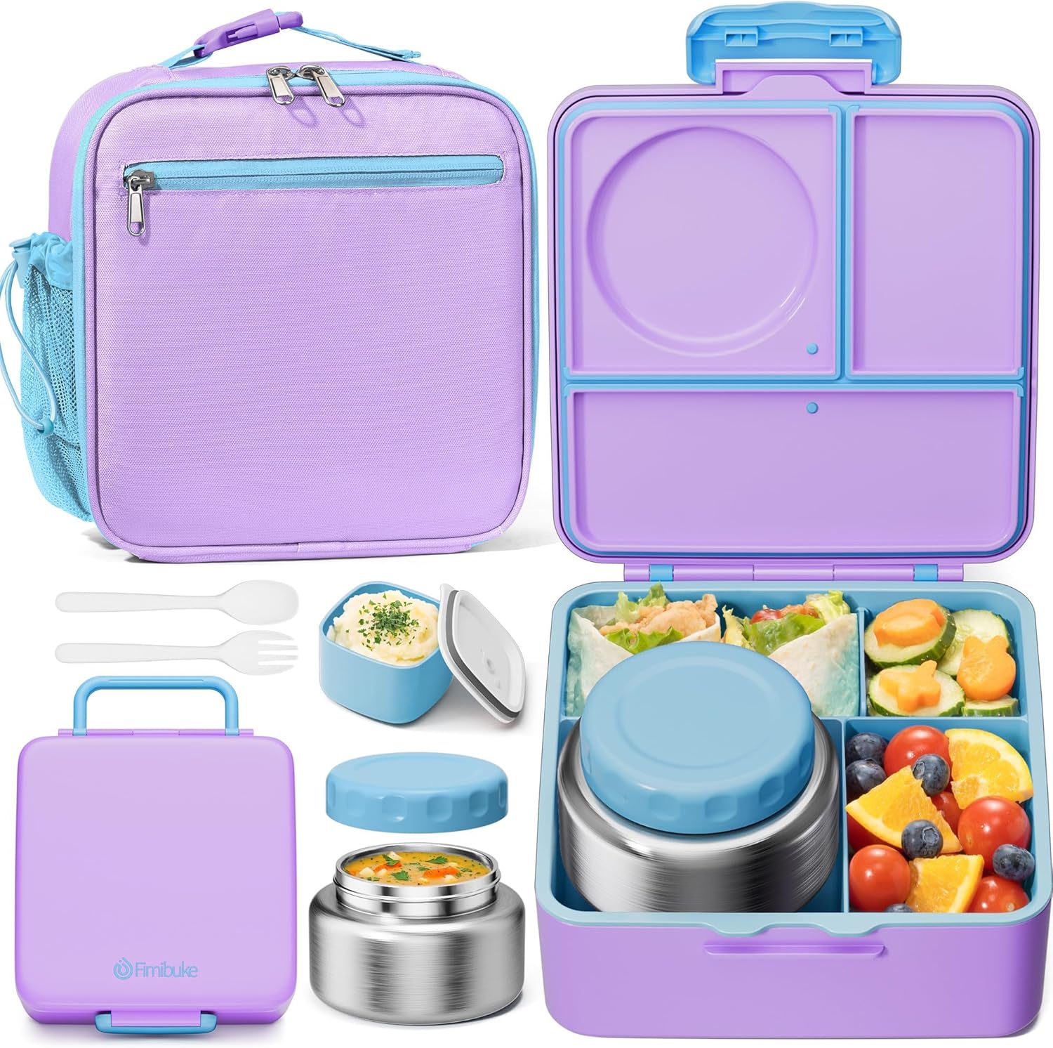 Fimibuke Kids Bento Lunch Box with 8.5oz Insulated Thermos, Leak-Proof Lunch Bag & Utensils, 3-4 Compartments