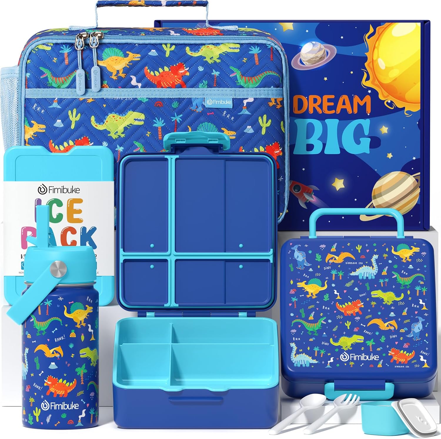 Fimibuke Kids Bento Lunch Box 4 Compartments with Insulated Bag, Stainless Steel Water Bottle, Ice Pack & Utensils Set