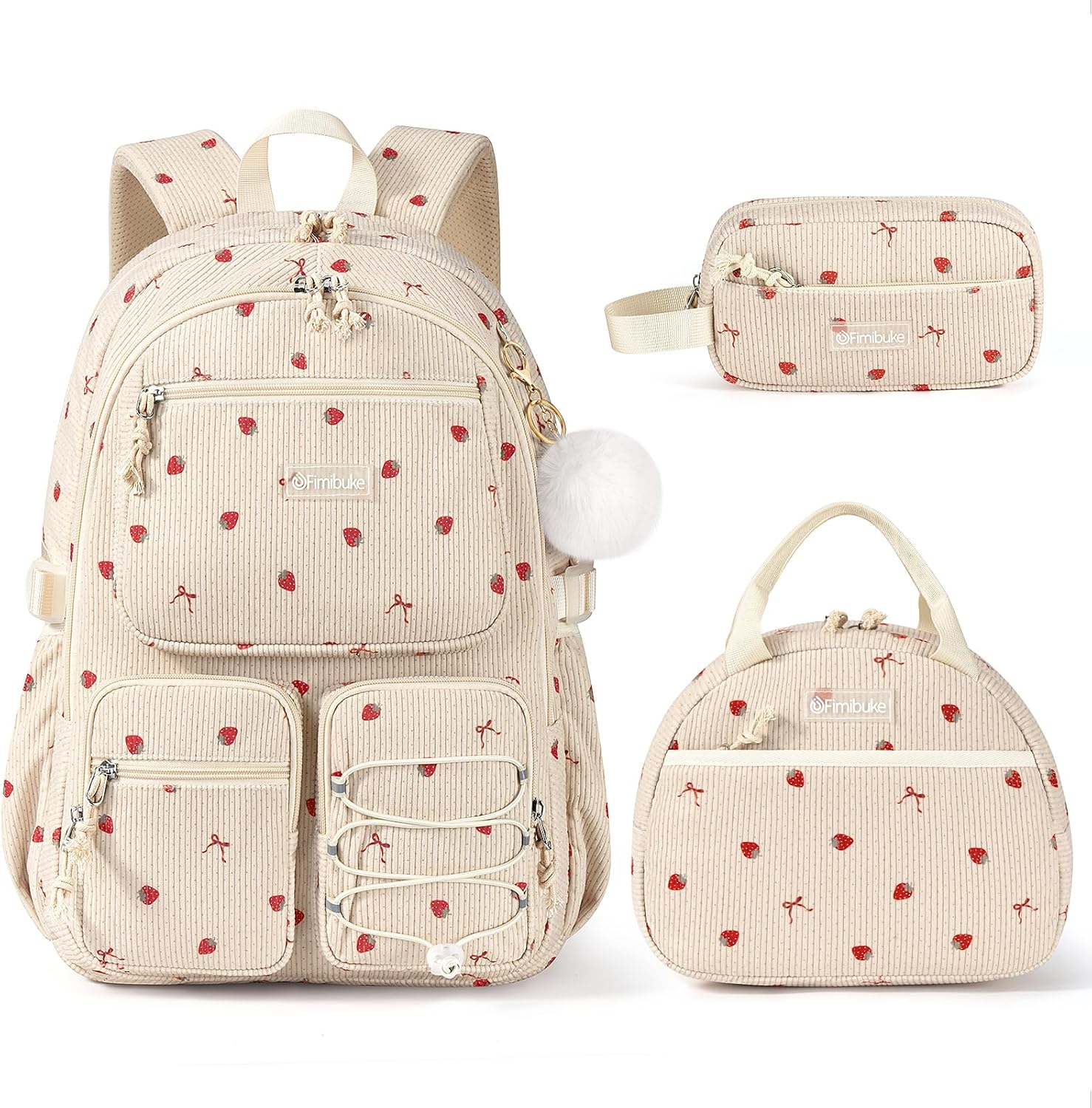 Fimibuke Girls Corduroy 3-Piece Backpack Set with Lunch Bag & Pencil Pouch