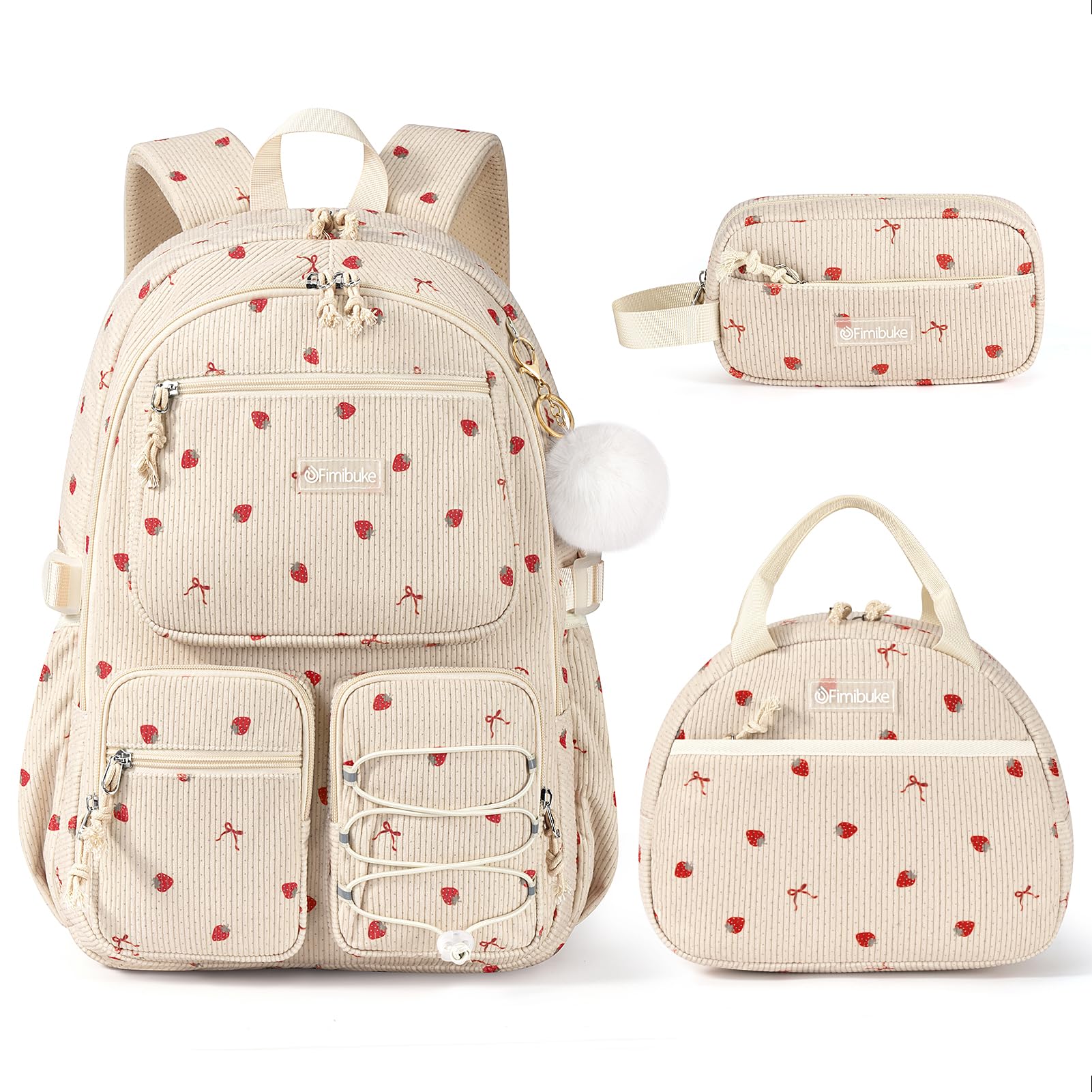 Fimibuke Girls Corduroy 3-Piece Backpack Set with Lunch Bag & Pencil Pouch