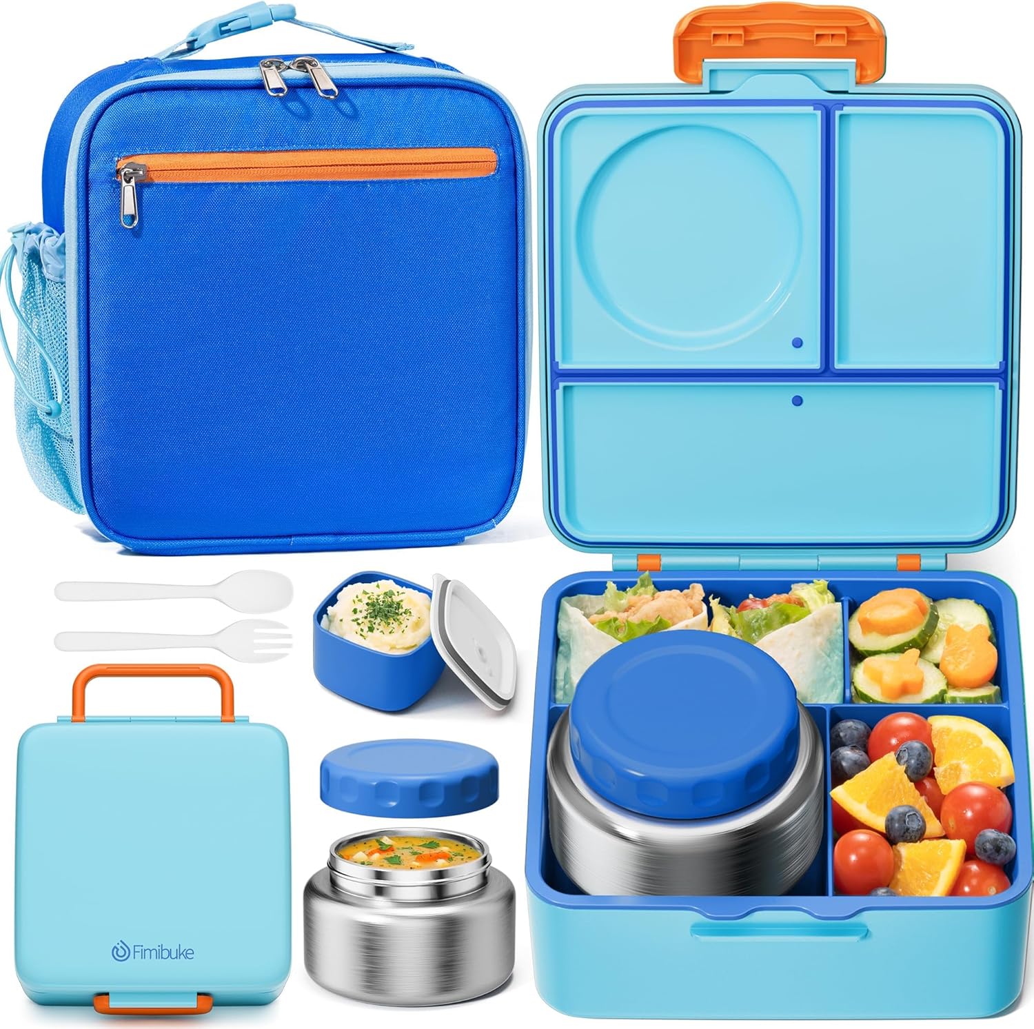 Fimibuke Kids Bento Lunch Box with 8.5oz Insulated Thermos, Leak-Proof Lunch Bag & Utensils, 3-4 Compartments