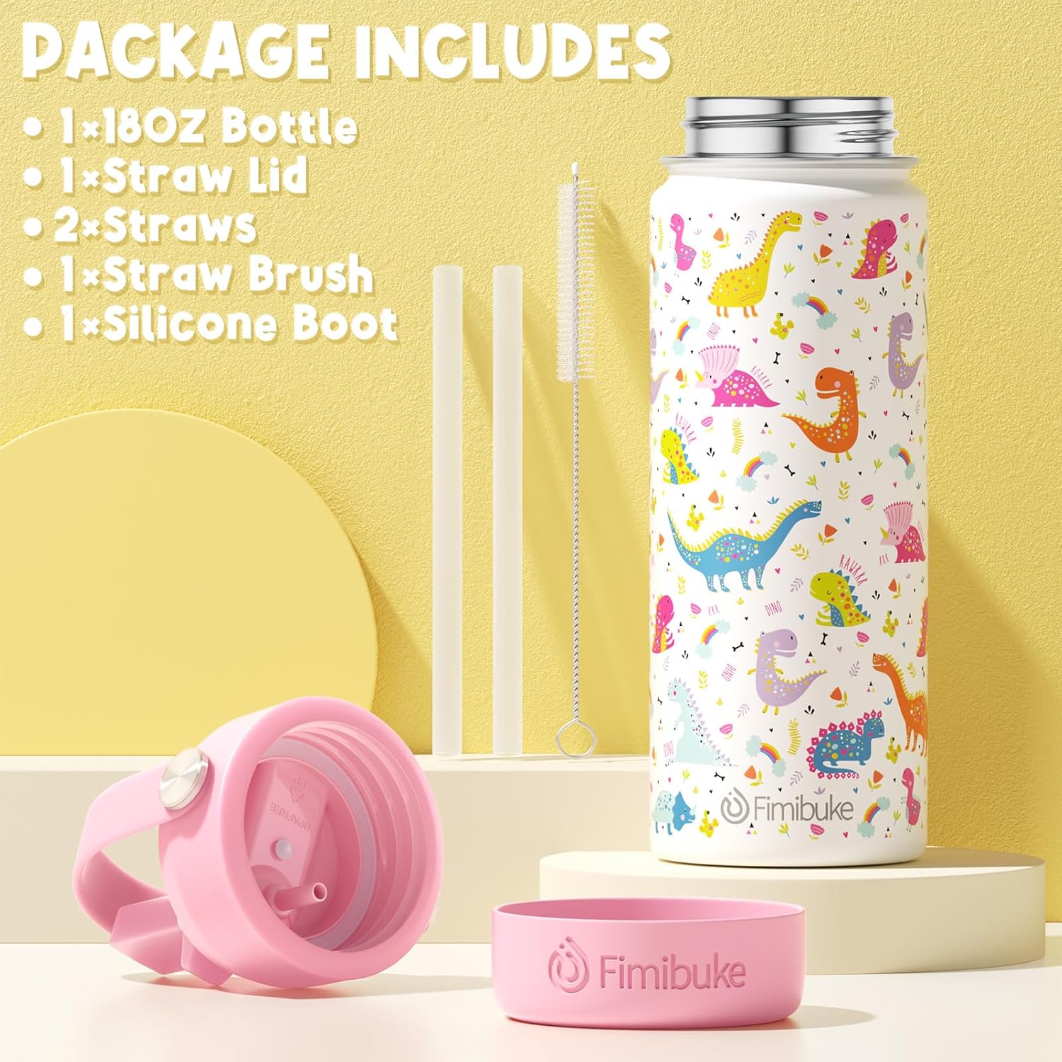 Fimibuke Kids 18oz Insulated Water Bottle, Stainless Steel Leak-Proof Cup with Straw