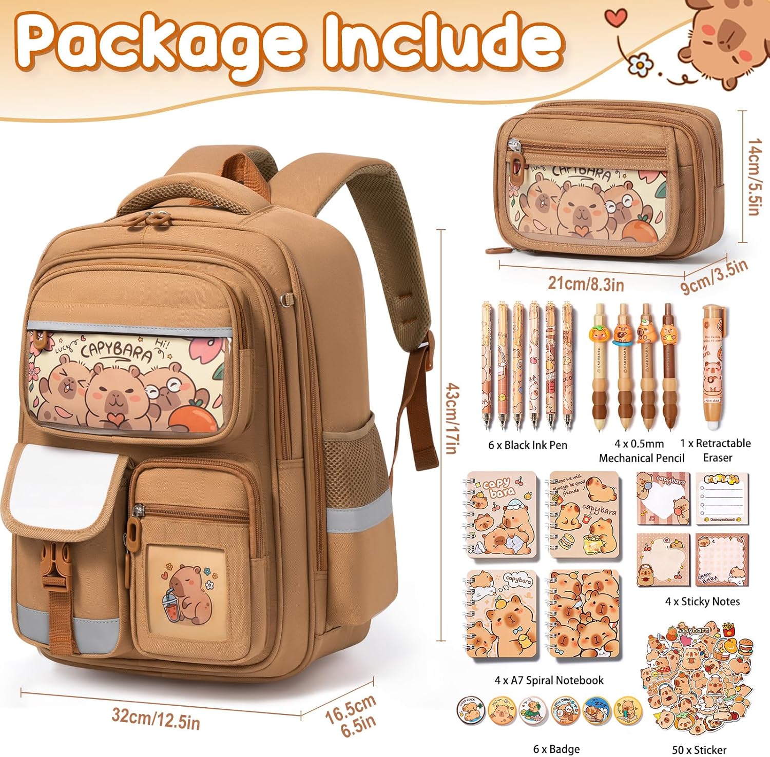 Fimibuke Kids School Backpack & 28PCS Capybara Stationery Set with Pencil Case